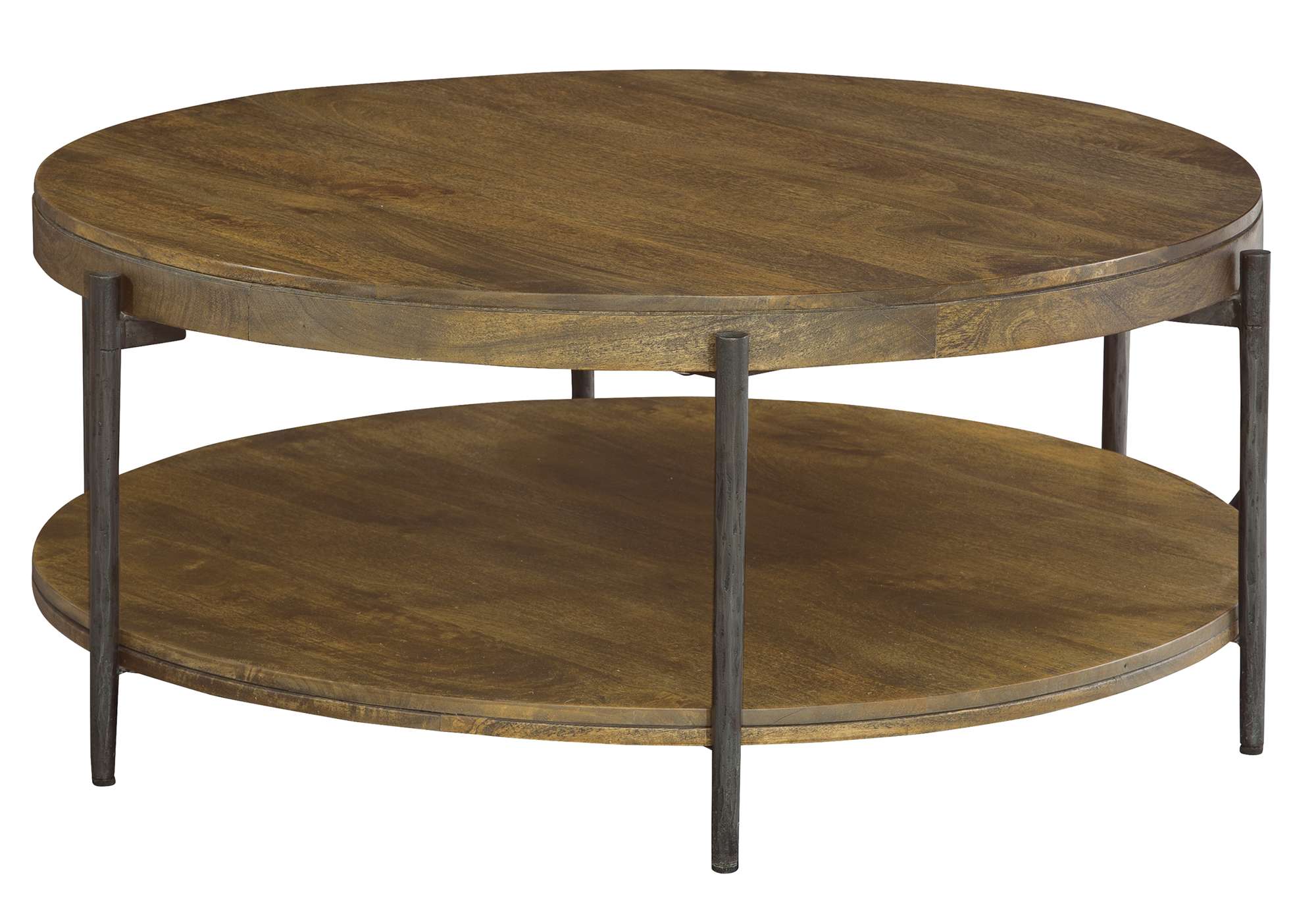 Bedford Park coffee table with solid mango slab top and shelf, forged iron base and hardware, Bedford finish, 41" diameter
