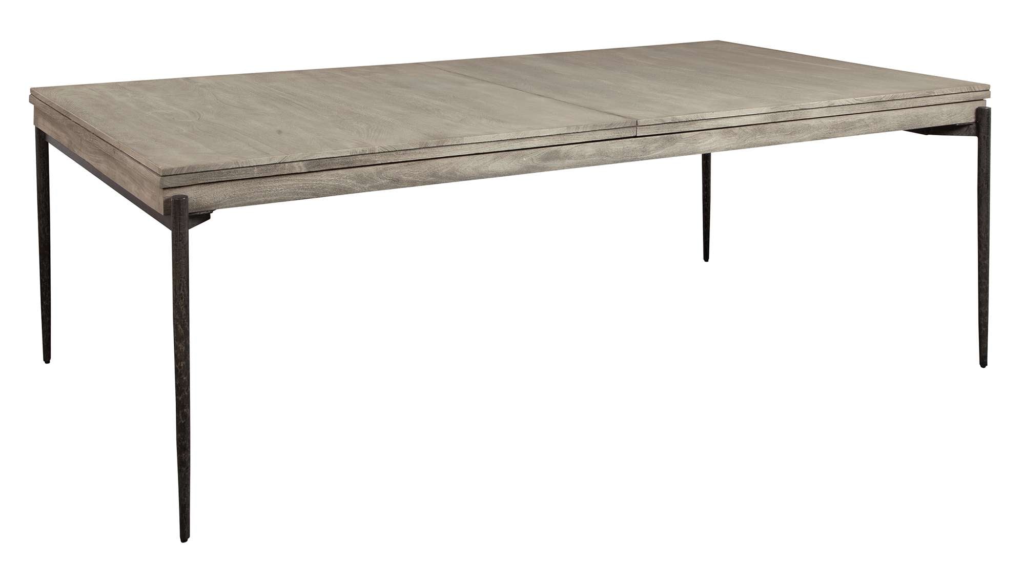 Bedford Park rectangular dining table with natural wood top and slender forged iron base for rustic elegance