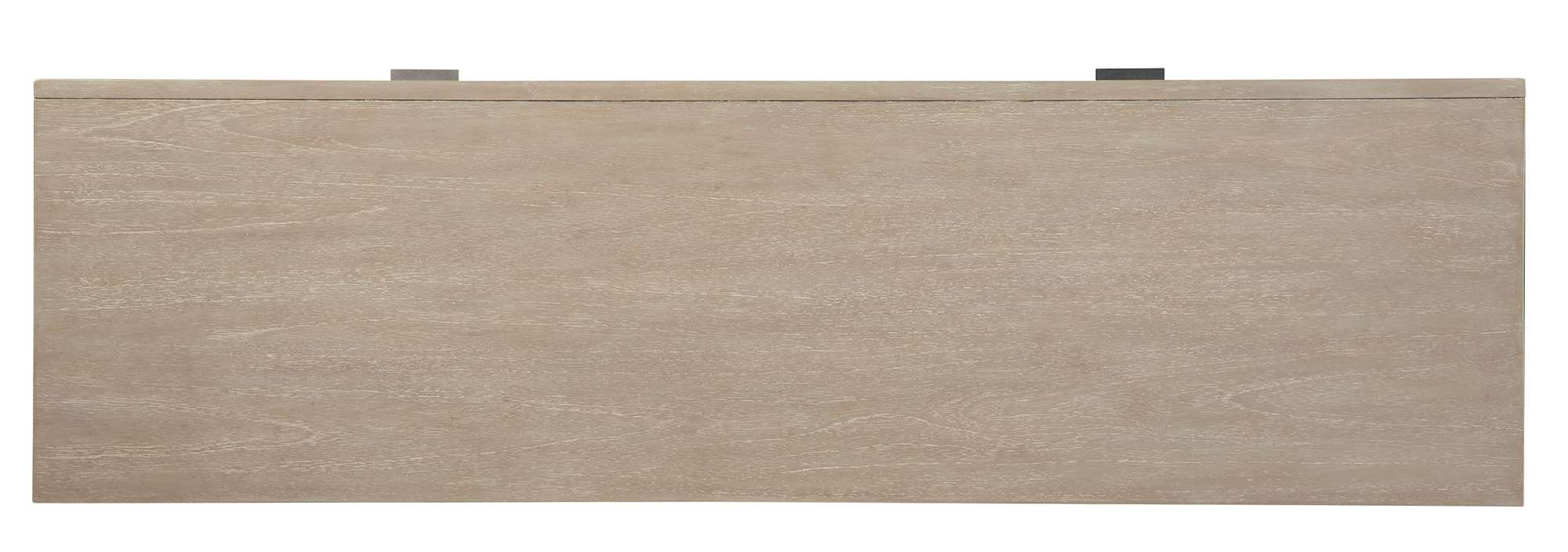 Scottsdale sofa table drawer box with mindi veneer and solids, aged iron tab pulls, and square metal legs in aged iron finish