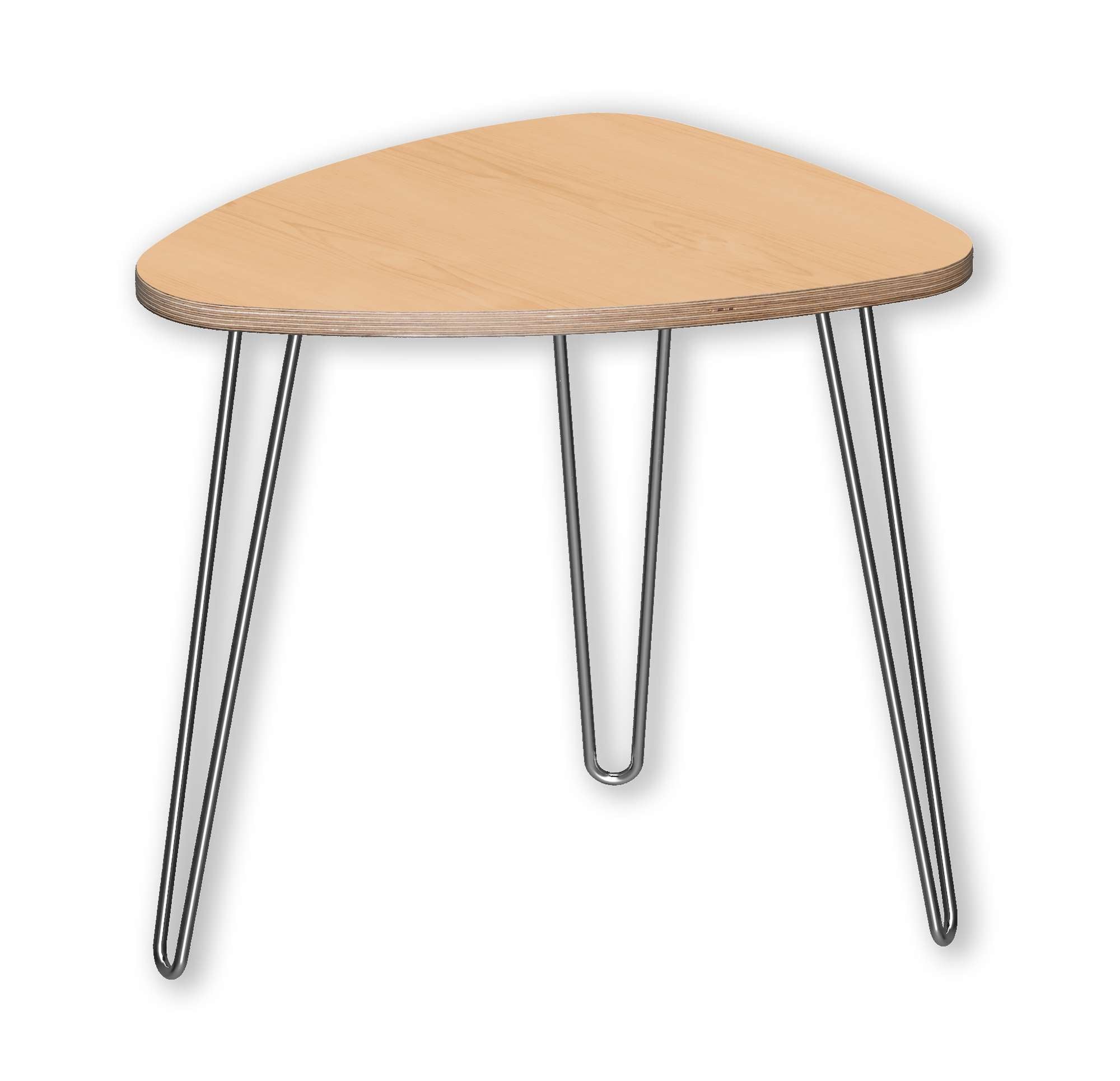 Triangular natural maple end table with curved edges and sleek mid-century metal hairpin legs in modern office style