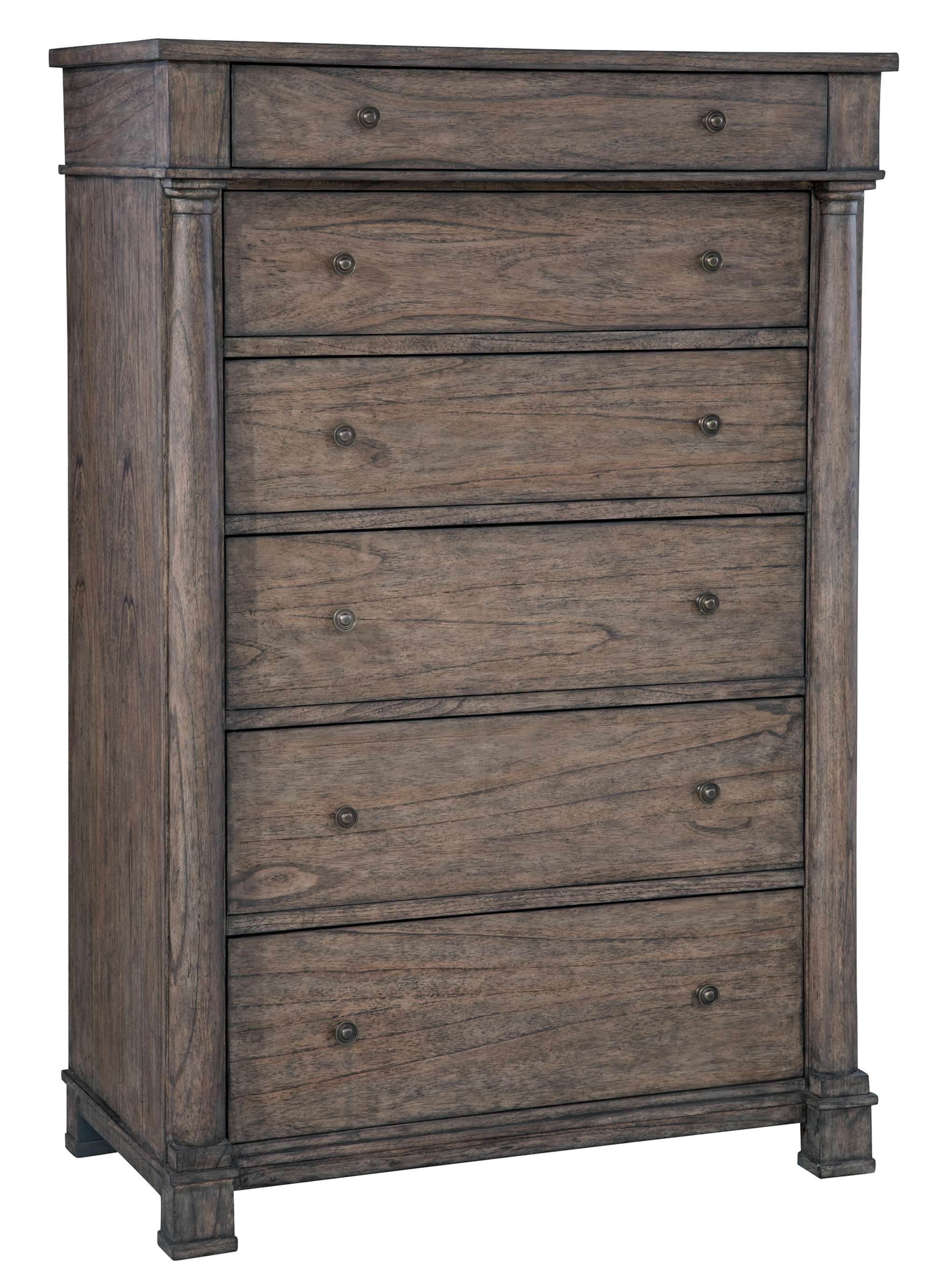 Lincoln Park Bedroom Chest with six drawers, solid wood and veneer, antique brass hardware, and soft-closing slides in brown finish