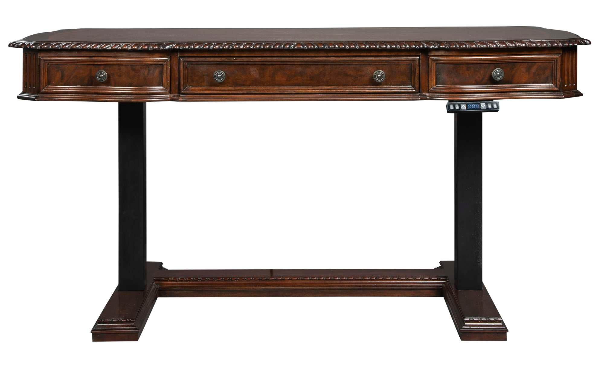 Old World Walnut Burl Adjustable Height Desk with carved edges, three drawers, dark wood finish, and black metal legs