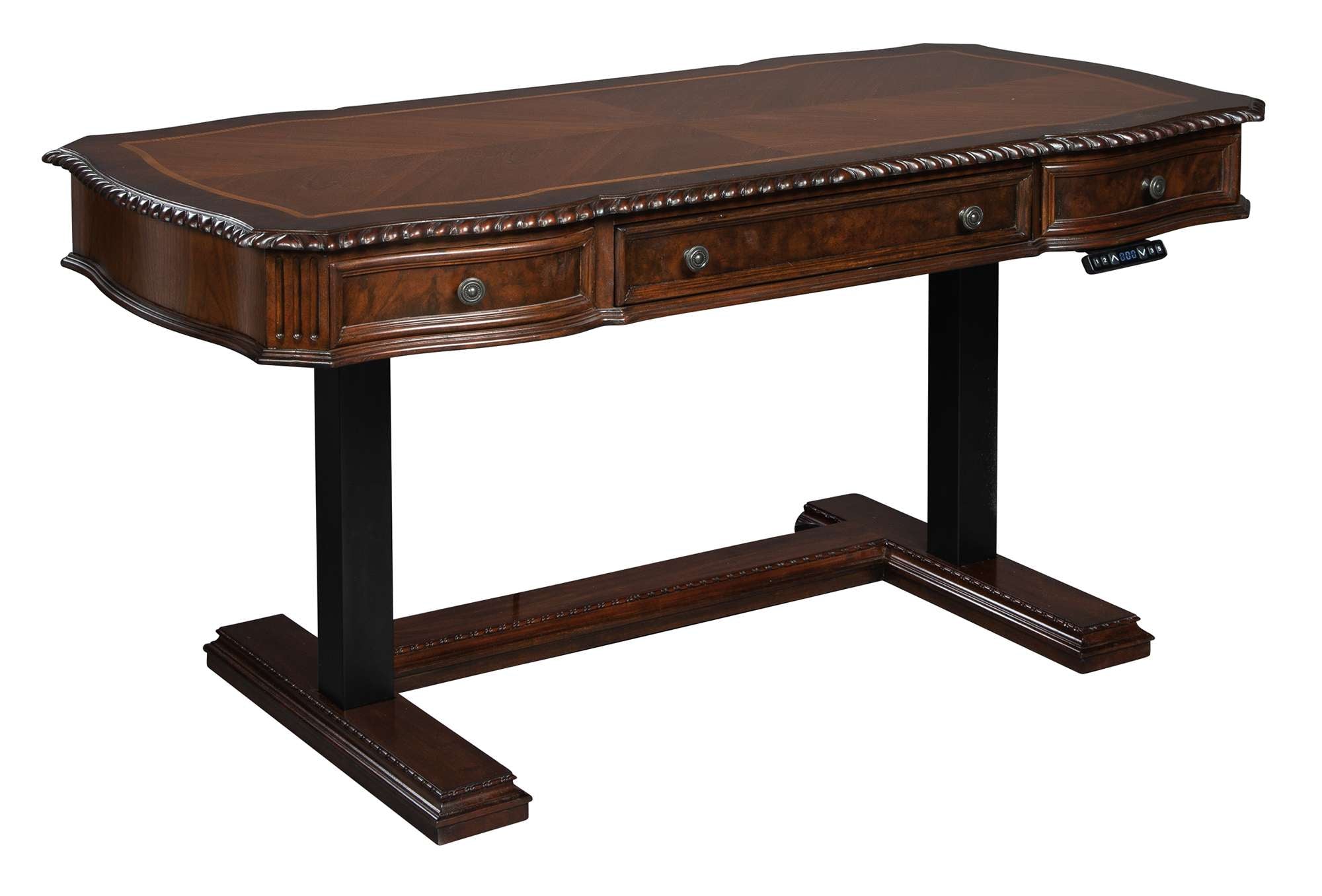 Old World Walnut Burl Adjustable Height Desk with carved edges, three drawers, dark walnut finish, and black metal base