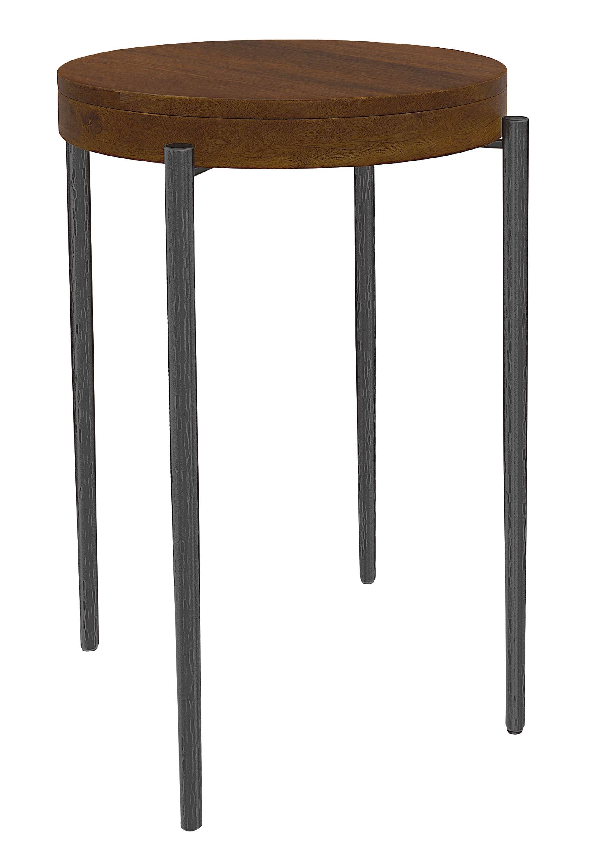 Bedford Park End Table with solid mango wood round top and hand-forged iron base in aged iron and Bedford Tobacco finish