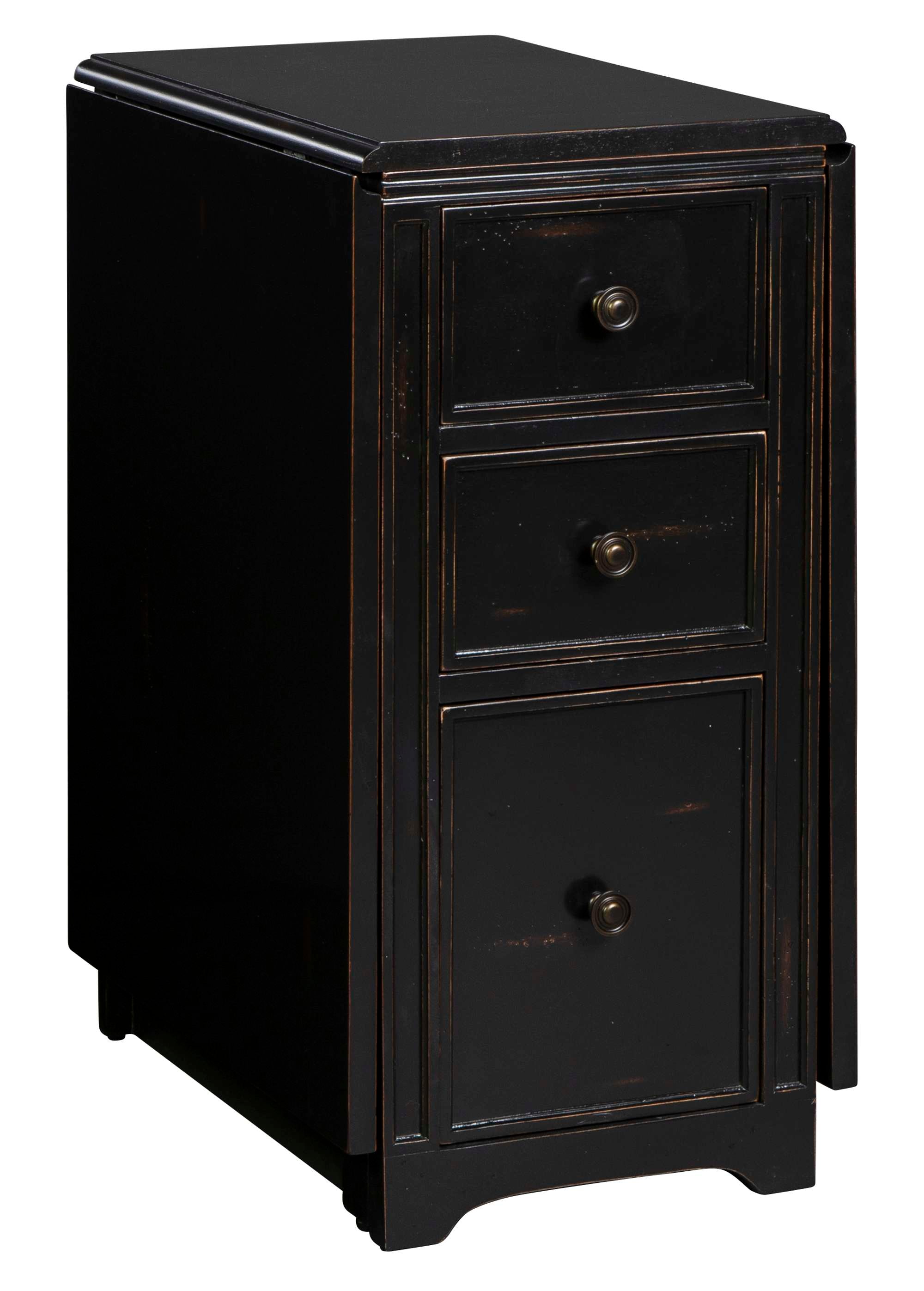 Black drop leaf desk with two drawers and one cabinet door featuring round metal knobs and subtle distressed finish