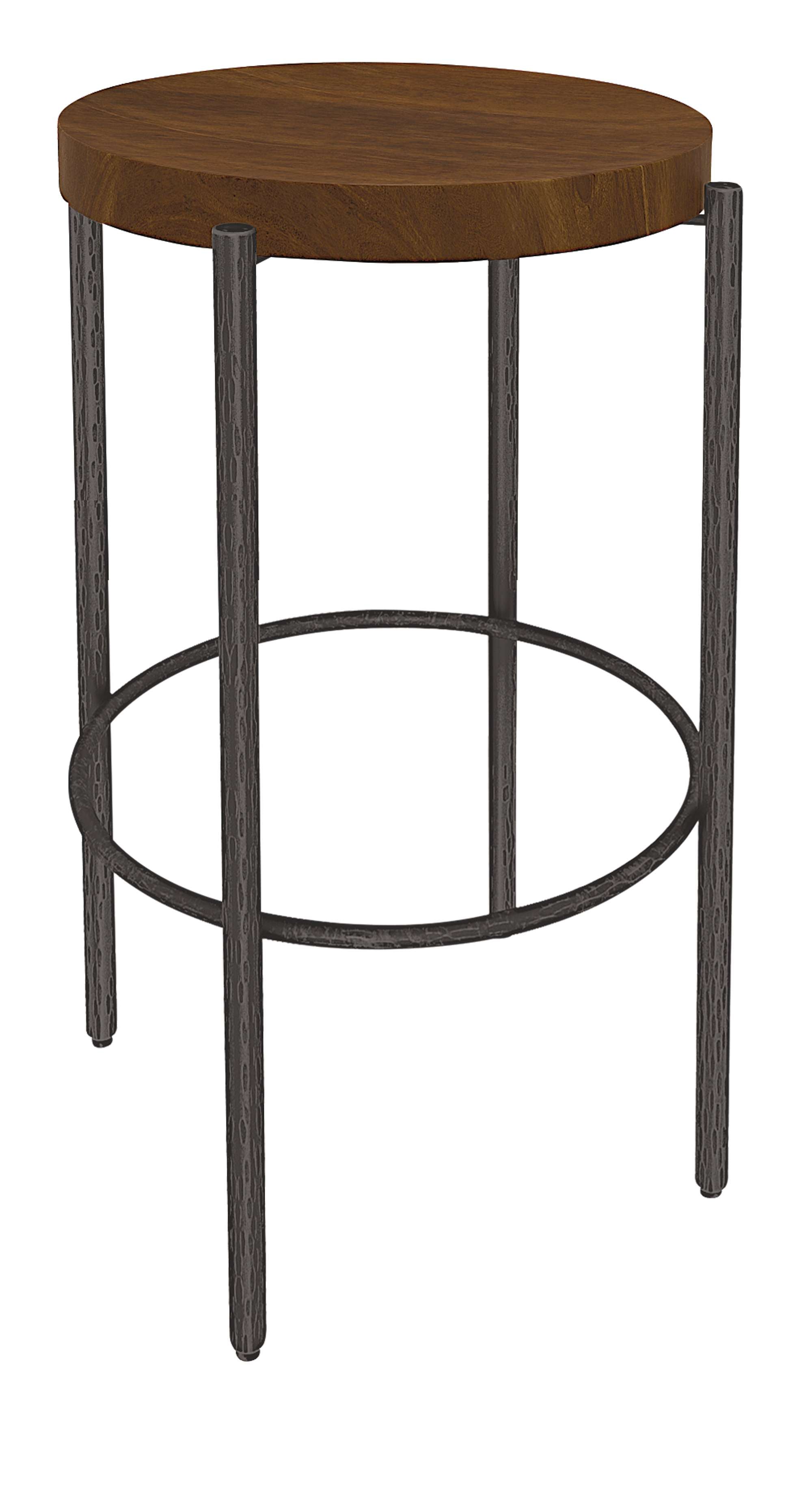 Bedford Park counter stool with solid mango wood round top and hand-forged iron base in aged iron finish