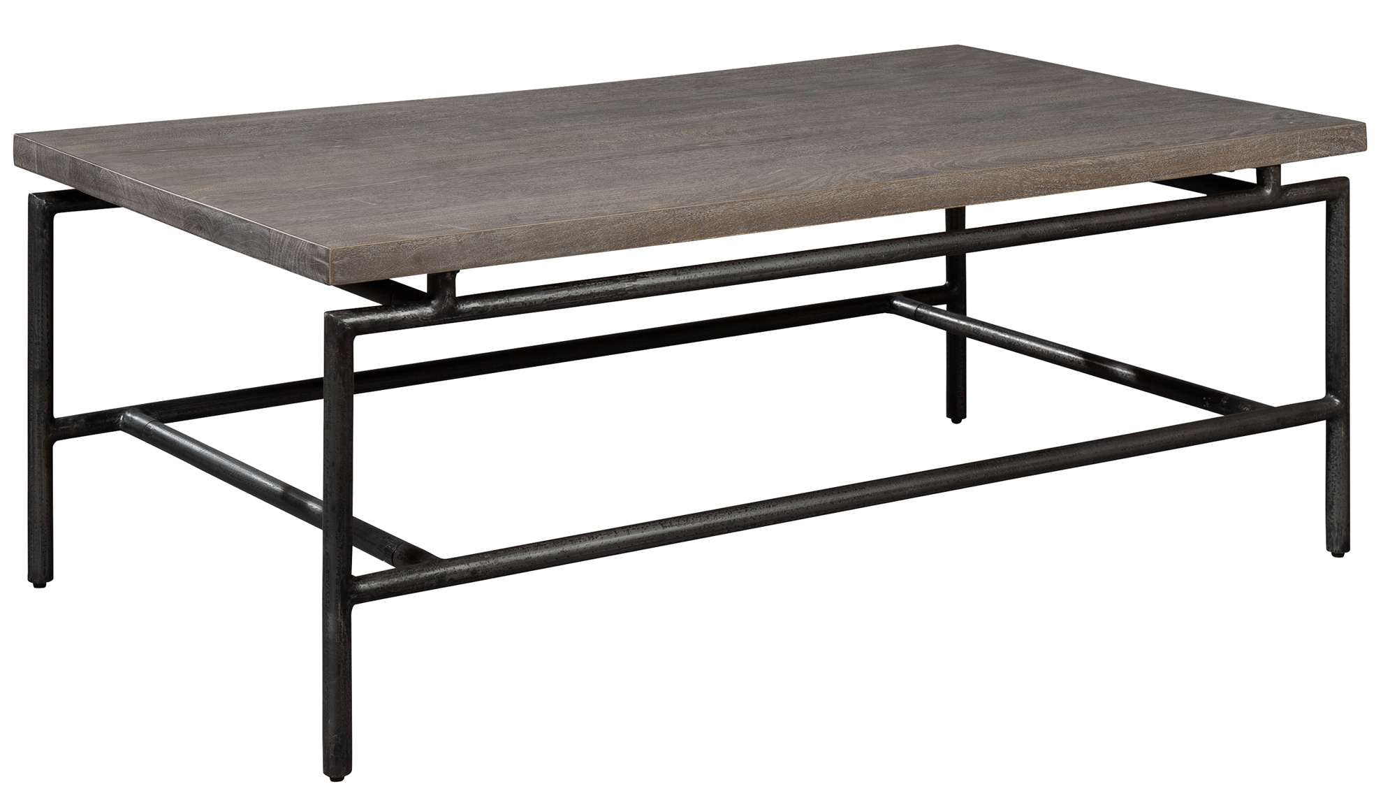 Sedona coffee table with solid mango slab top and round iron legs with iron stretcher base in aged finish