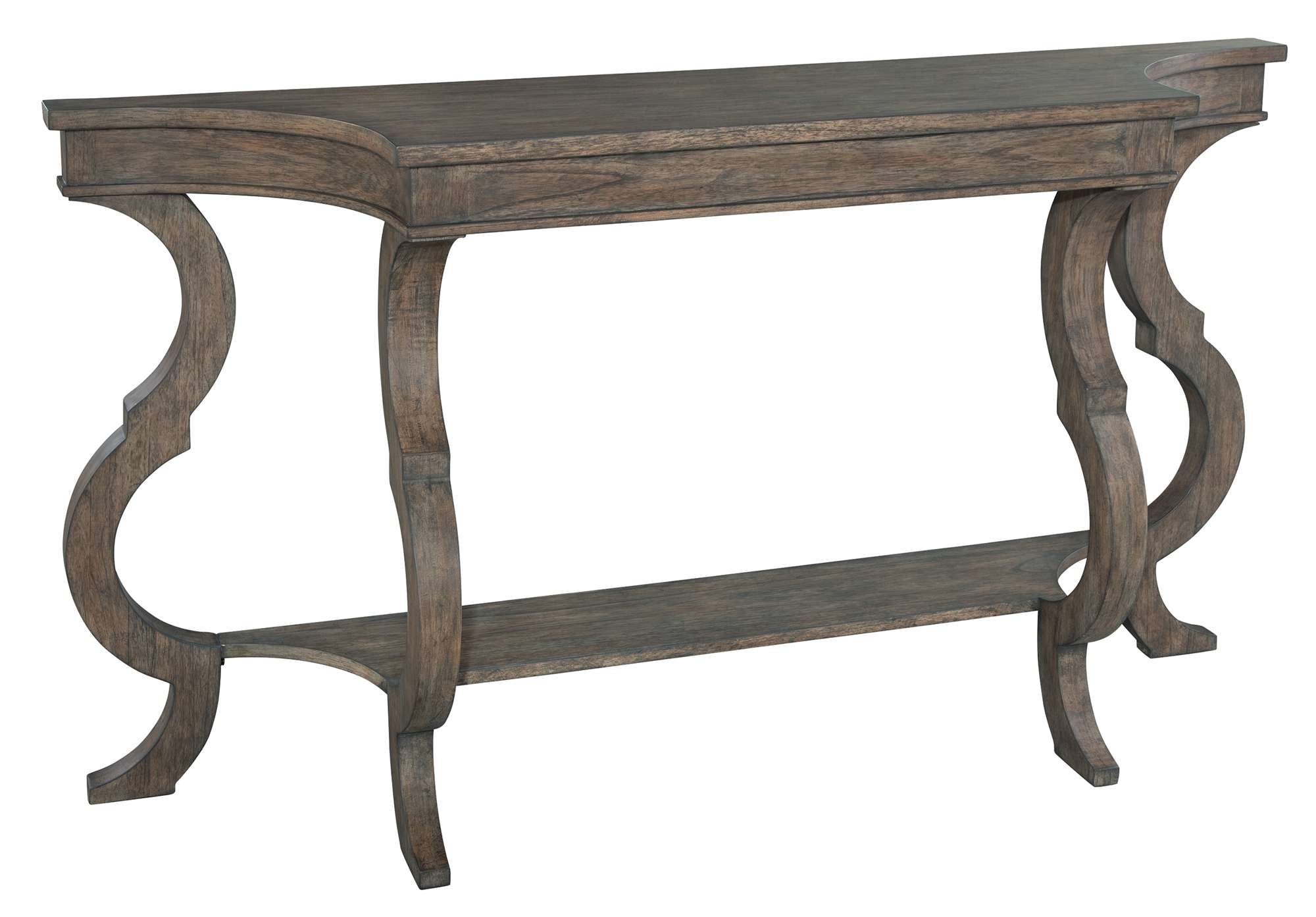 Lincoln Park sofa table with select solids and veneers, curved legs, lower shelf, and rustic Lincoln Park finish