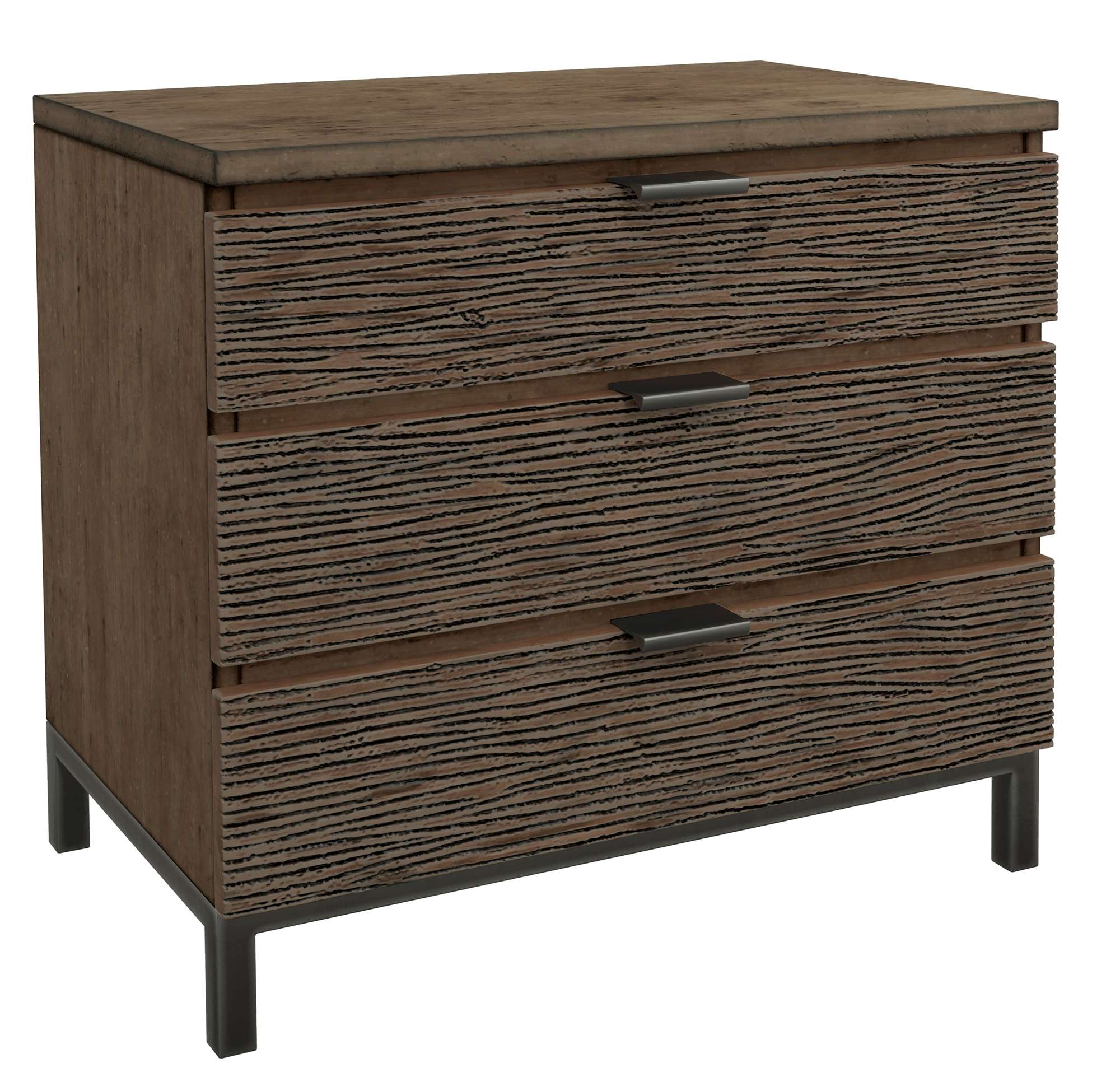 Three drawer nightstand with textured front panels, solid mango wood, dark metal handles, and metal leg frame base
