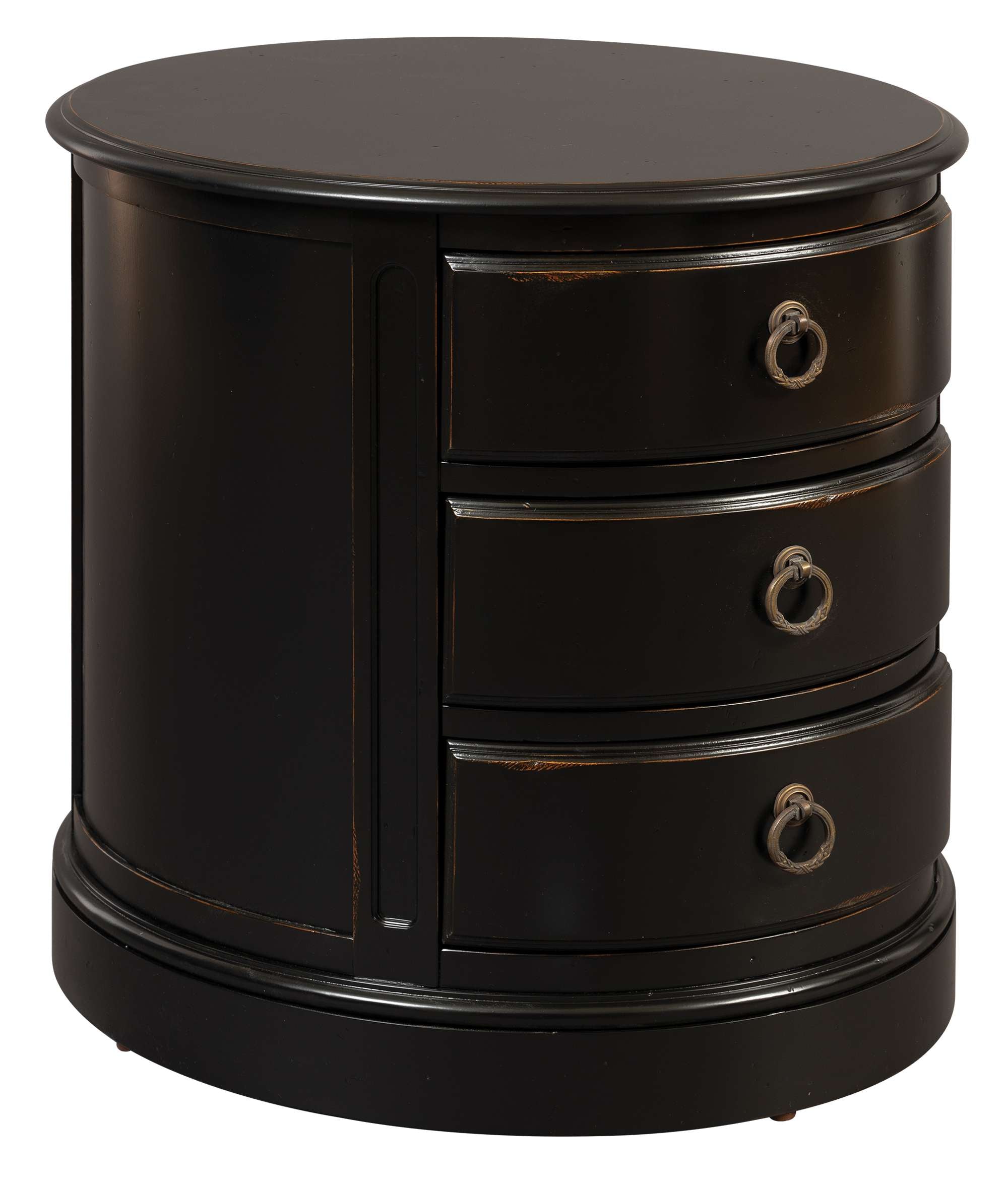 Oval drum chairside chest with three drawers, circular metal pulls, and Louis Philippe wood finish with distressed details