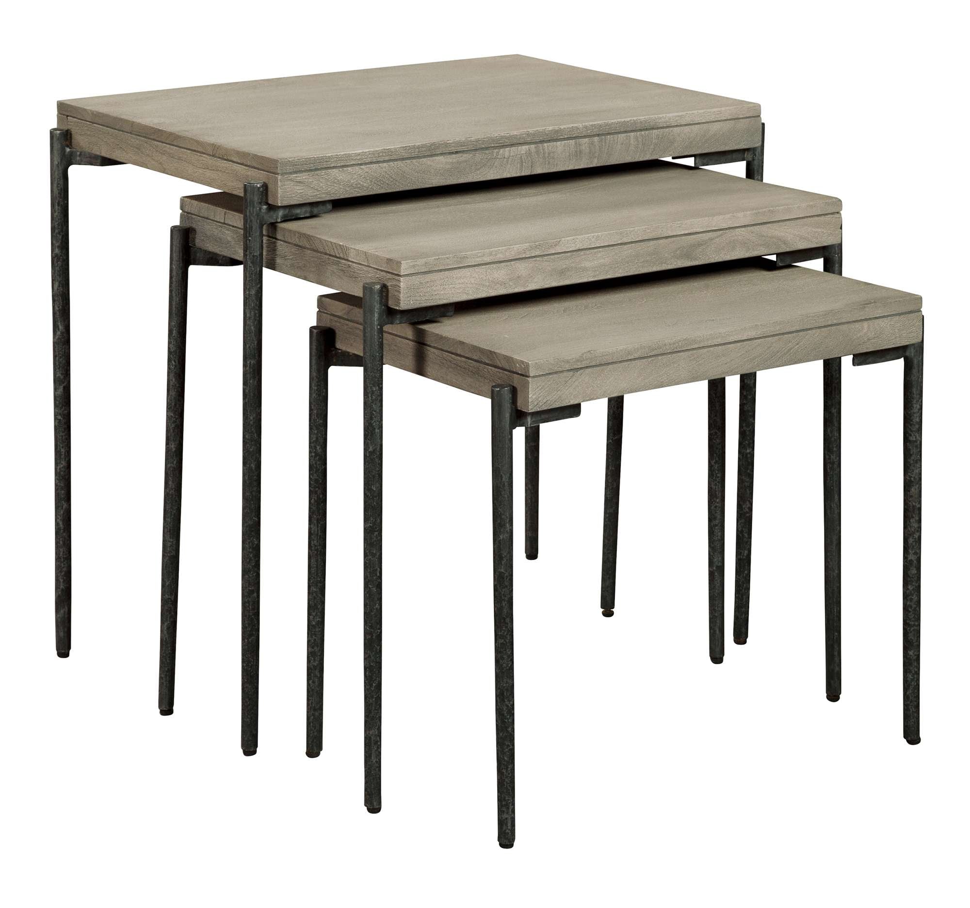 Bedford Park nest of tables with gray mango wood tops and forged iron legs in three varying sizes for versatile use