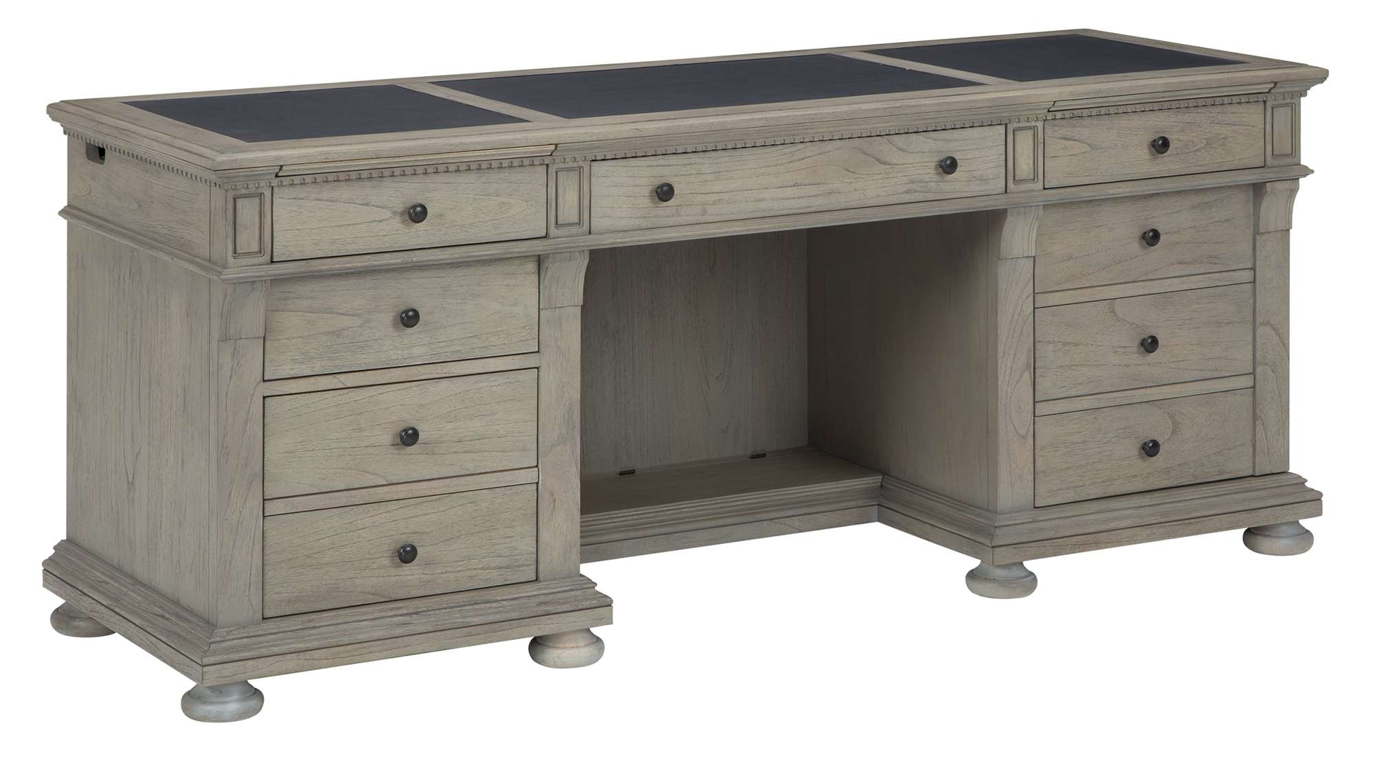 Wellington Estates executive credenza with leather top panels, mindi wood, rustic brass hardware, drawers, and driftwood finish