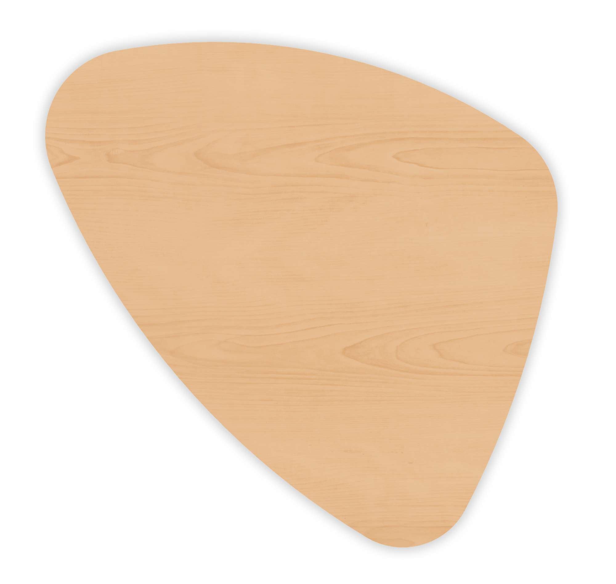 Triangular DesignerPly end table top in natural maple with smooth curved edges and mid-century multi-ply grain finish