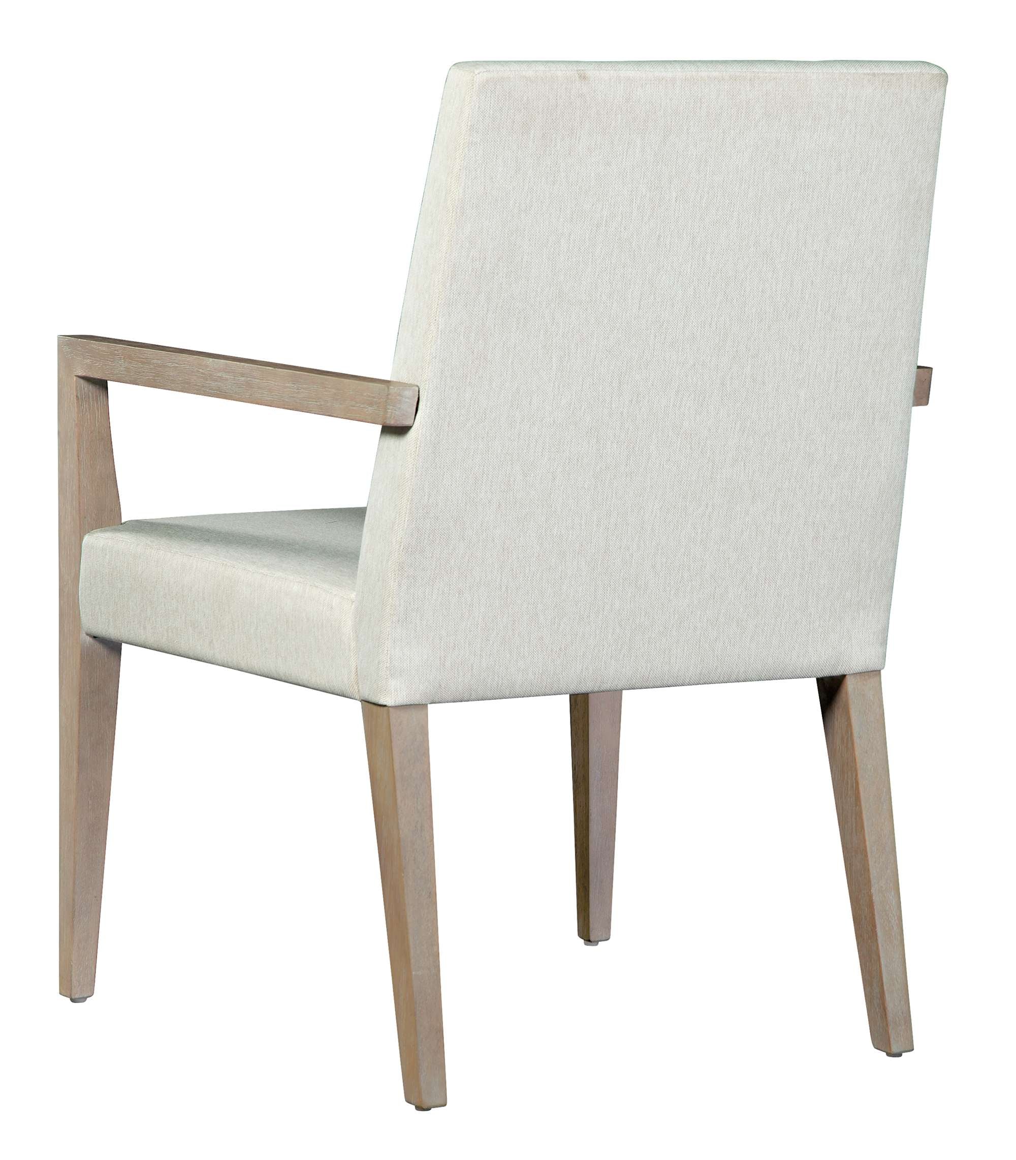 Scottsdale upholstered dining arm chair with split back, medium-weight linen fabric, and mindi wood frame in Scottsdale finish