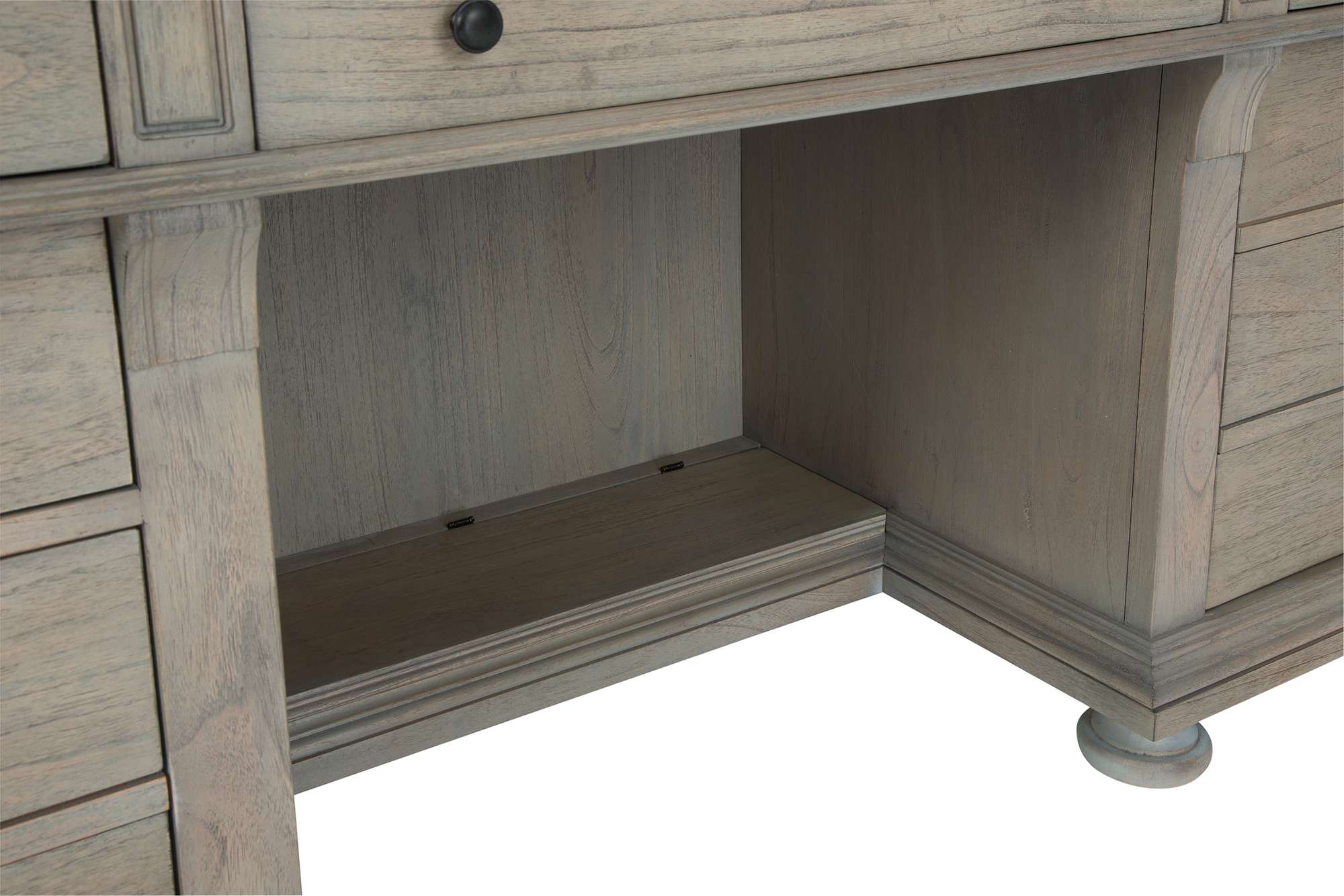 Wellington Estates executive credenza base with driftwood finish, solid mindi wood, wire management, and antique brass hardware detail