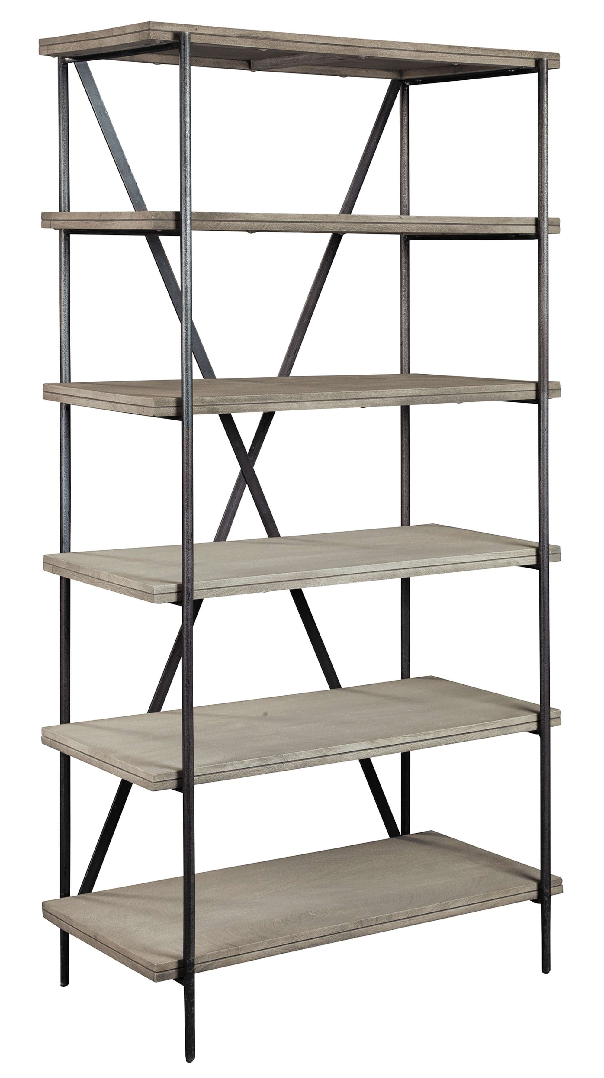 Bedford Park open shelving with gray wood shelves and black metal frame featuring industrial style and sturdy cross-bracing