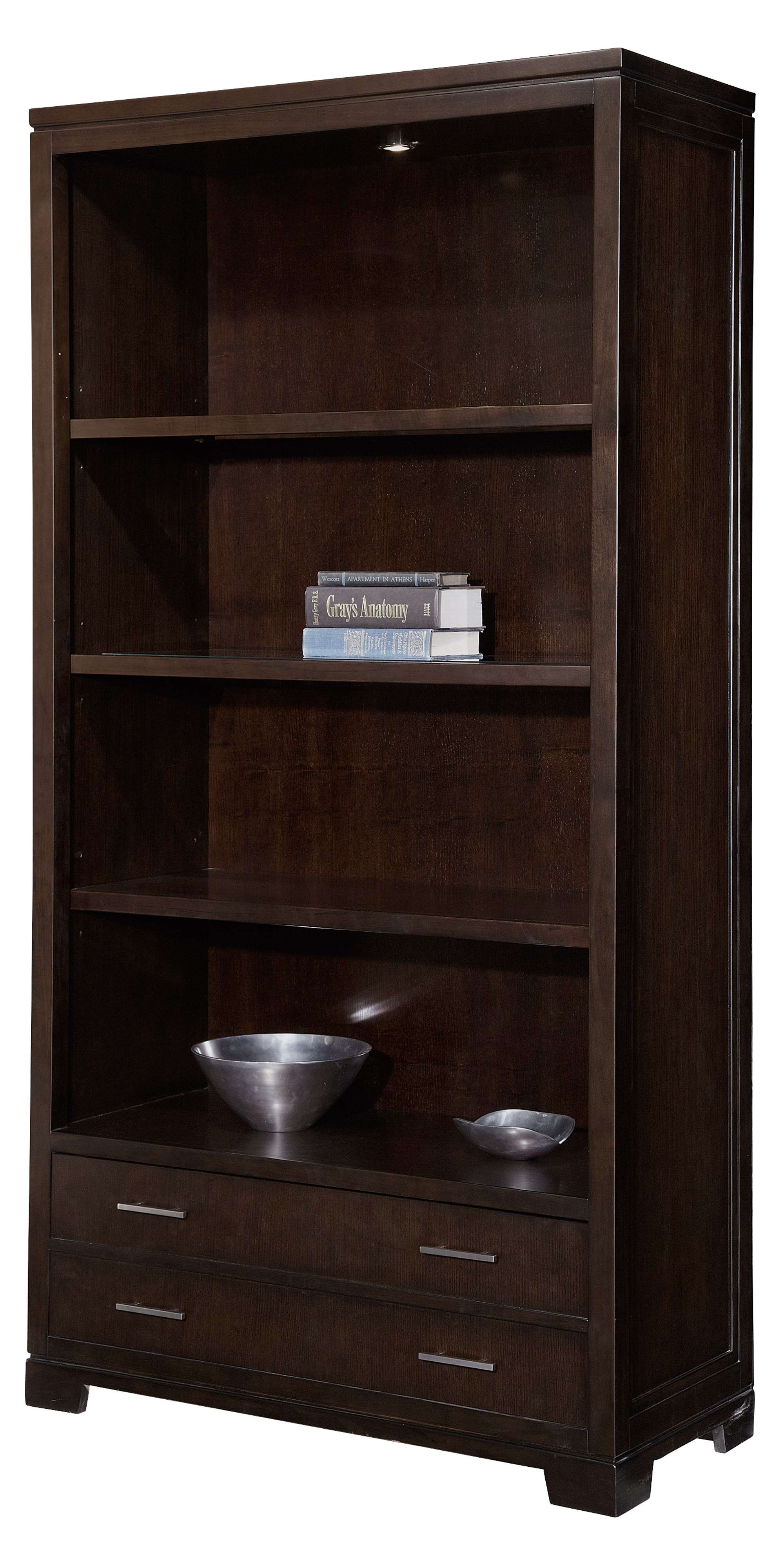 Mocha executive bookcase with ash wood, illuminated top shelf, adjustable wood and glass shelves, and file drawer storage