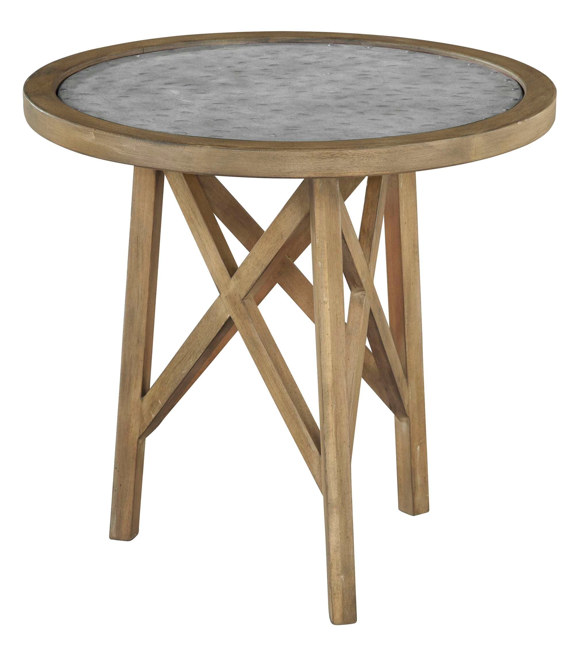 Round end table with galvanized metal top, tack border, acacia wood legs with X cross brace, natural weathered finish