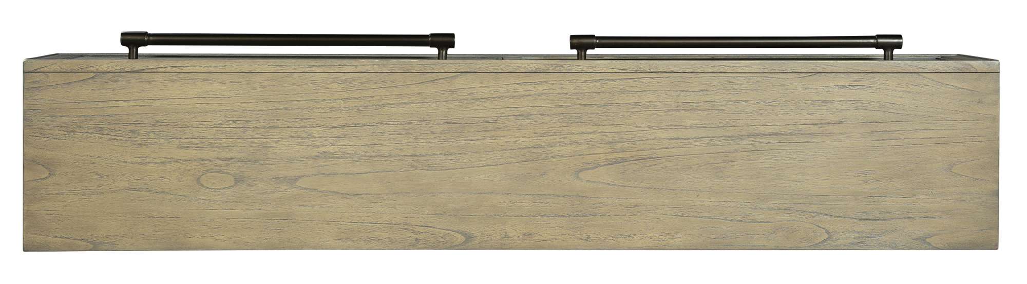 Sofa table with select solids and veneers, two drawers with long antique brass bar pulls, metal tapered legs, and stretcher bar in Special Reserve finish