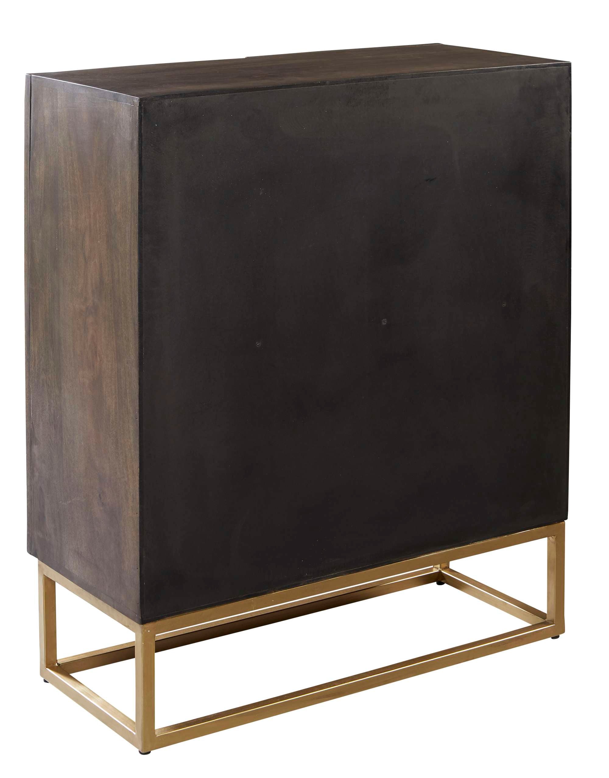 Accent chest with solid mango wood, Special Reserve soft brown finish, brass legs, and sleek rectangular silhouette