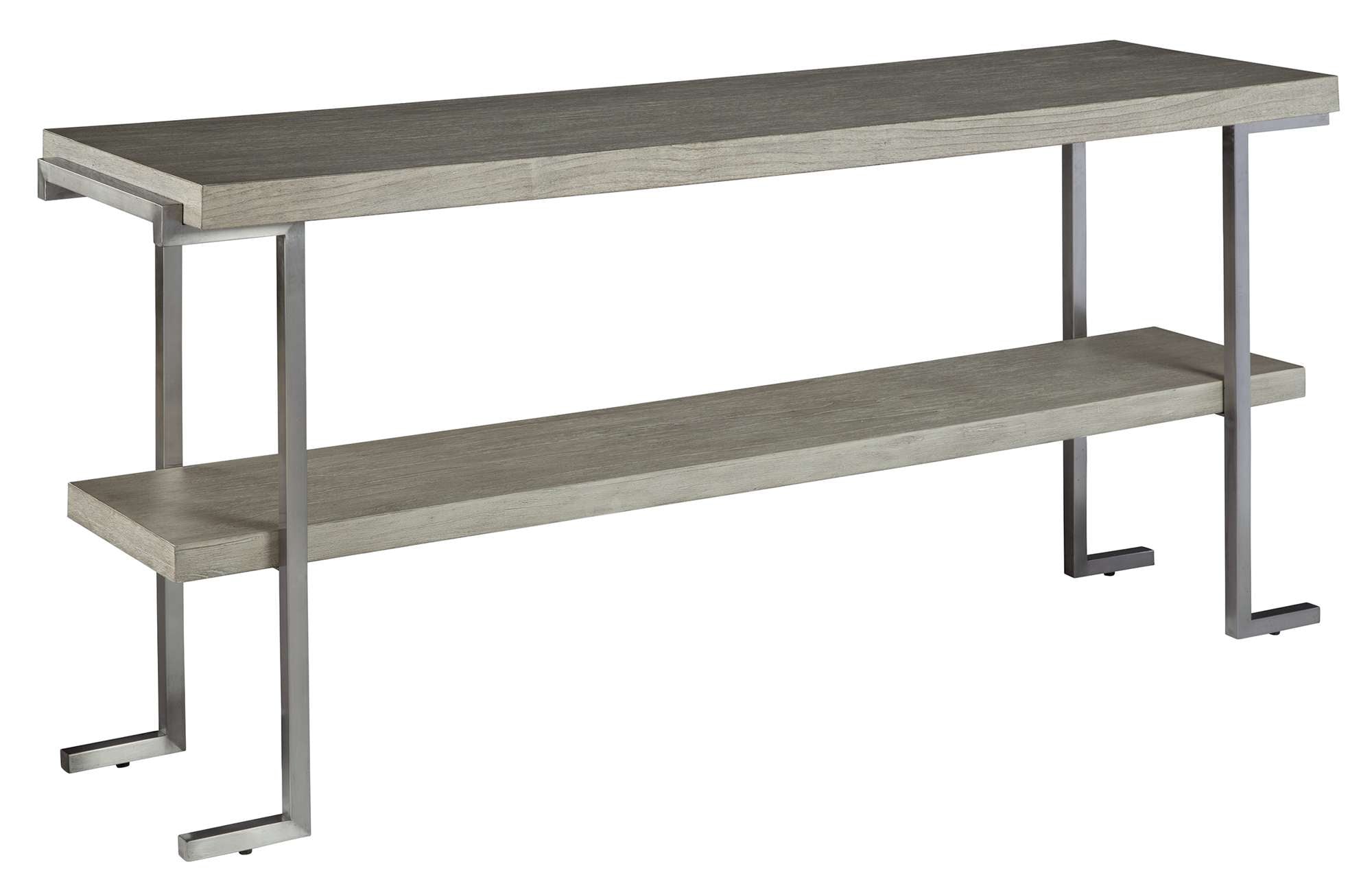 Sofa table with 1-1/2" mindi solid and veneer top, stainless steel square legs, and lower display shelf in wood finish