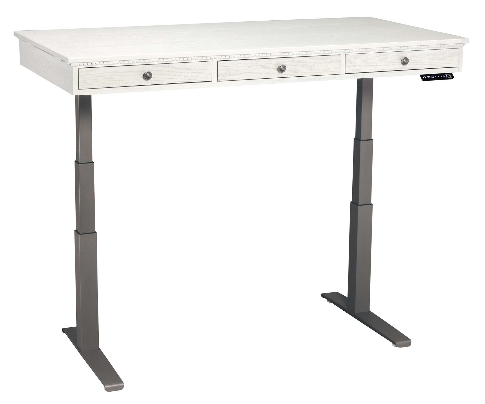 Custom Adjustable Height Desk with white dentil molding top, three drawers, and sleek metal adjustable base in dark finish
