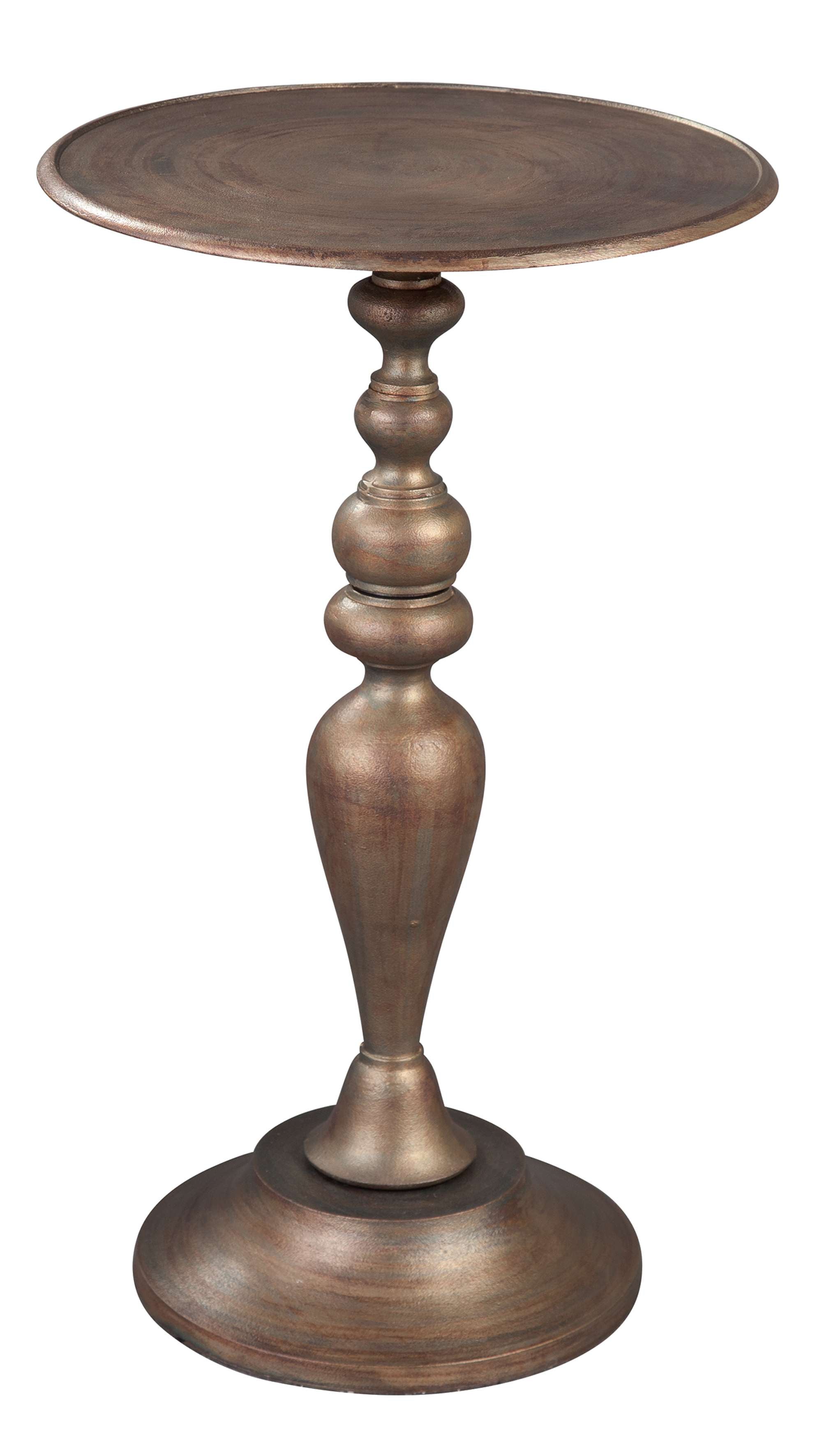 End table with antique brass finish, cast metal construction, and generous turned post, 14.5-inch diameter, 26-inch height