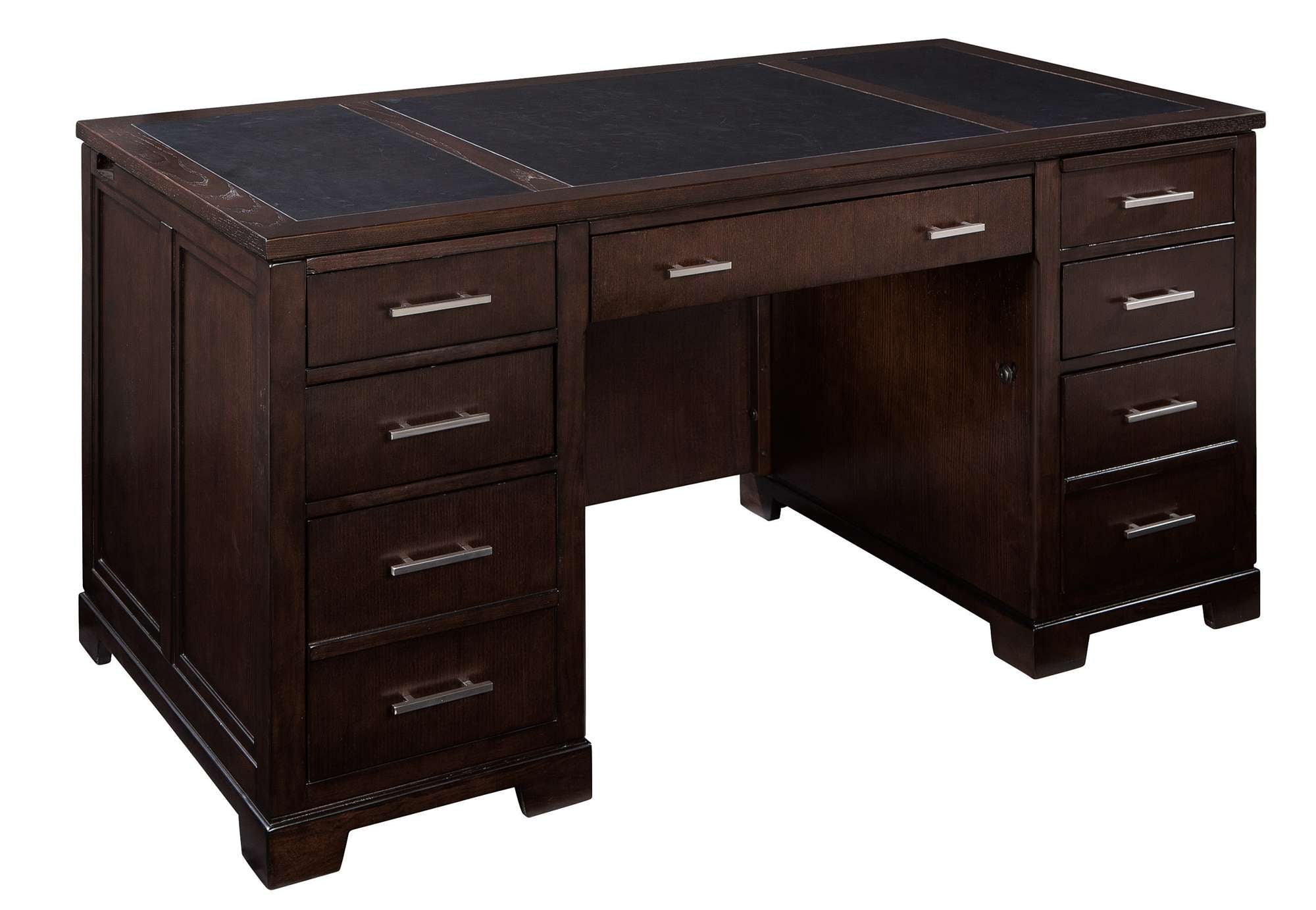 Mocha Junior Executive Desk with leather three-panel top, ash solids and veneers, four box drawers, two file drawers, and drop front keyboard drawer