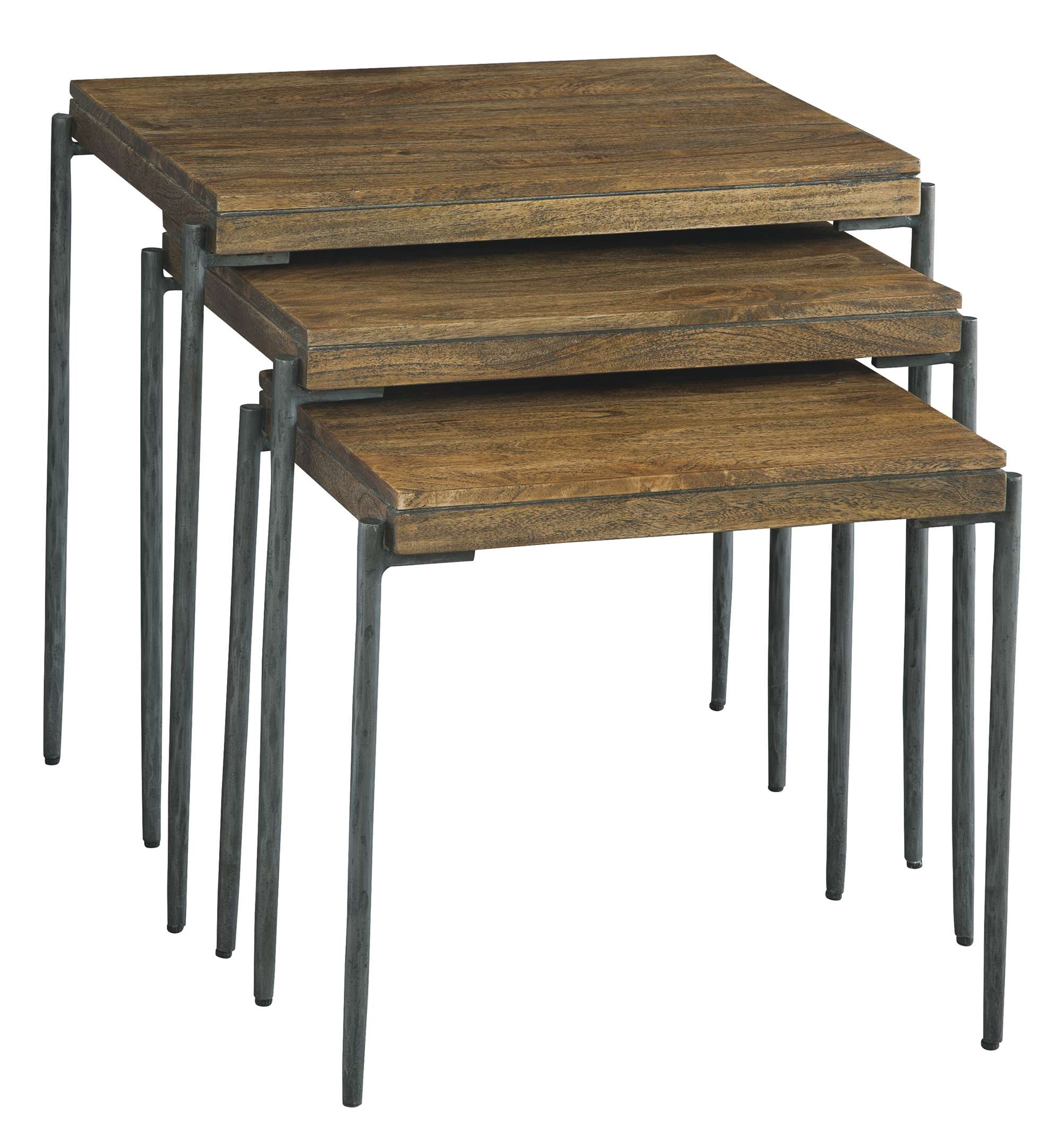 Bedford Park nest of tables with solid mango slab tops and forged iron bases in Bedford finish