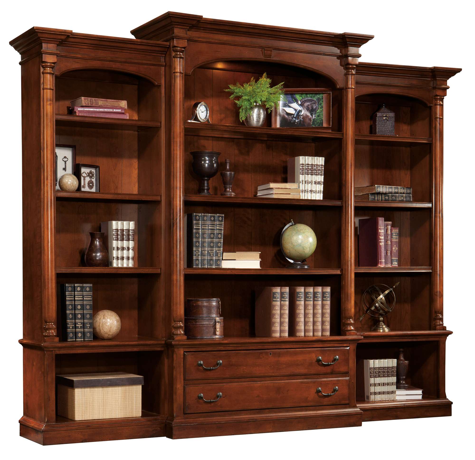 Right Pier Bookcase in weathered cherry finish with select solid and cherry veneer, adjustable shelves, and case levelers