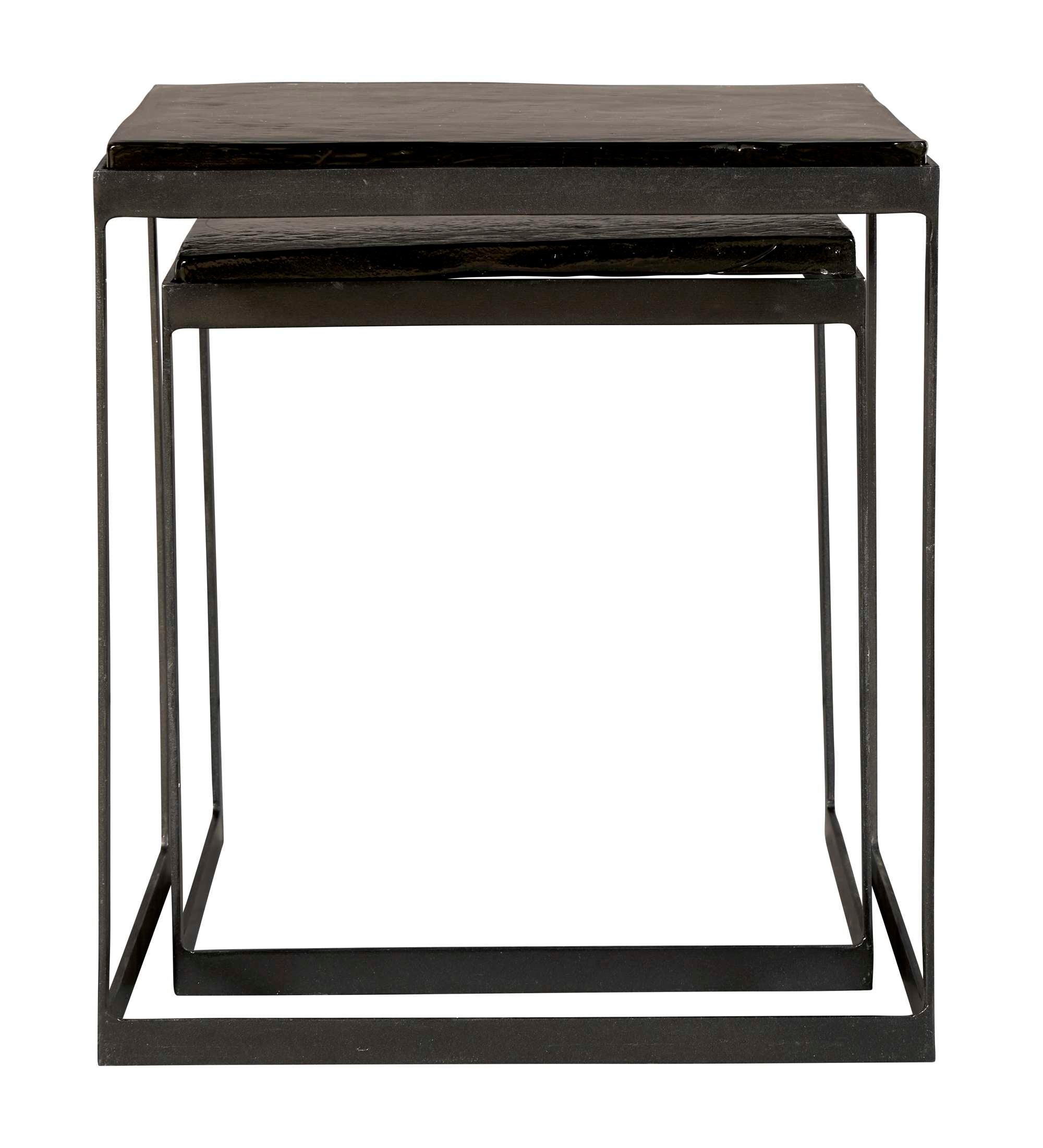 Set of two nesting tables with square black stone tops and hammered iron metal frames in minimalist design