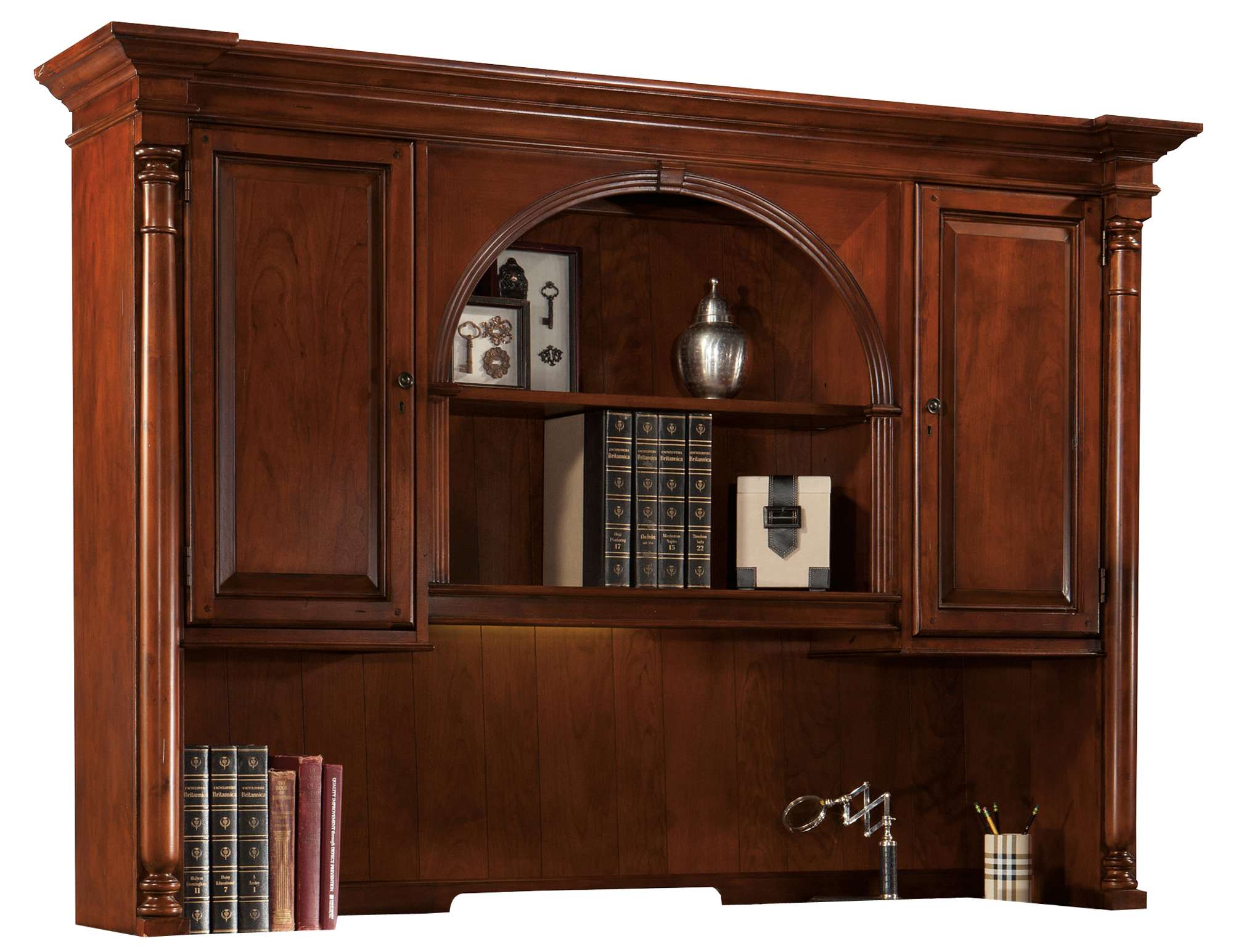 Executive desk hutch in weathered cherry finish with two doors, illuminated bookcase, adjustable shelves, and grooved back panel