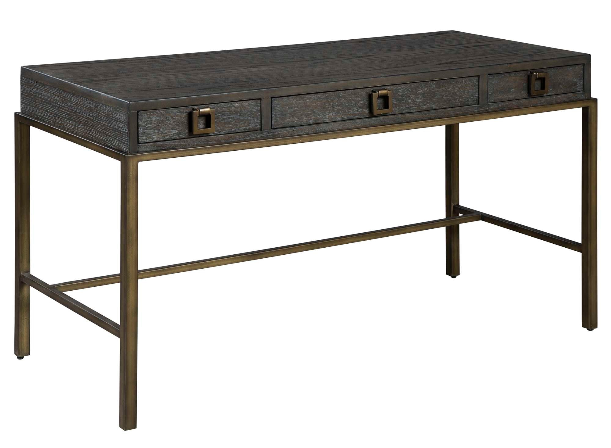 Writing desk with select solids and red oak veneers, three drawers, metal frame with antique brass finish, Edgewater finish