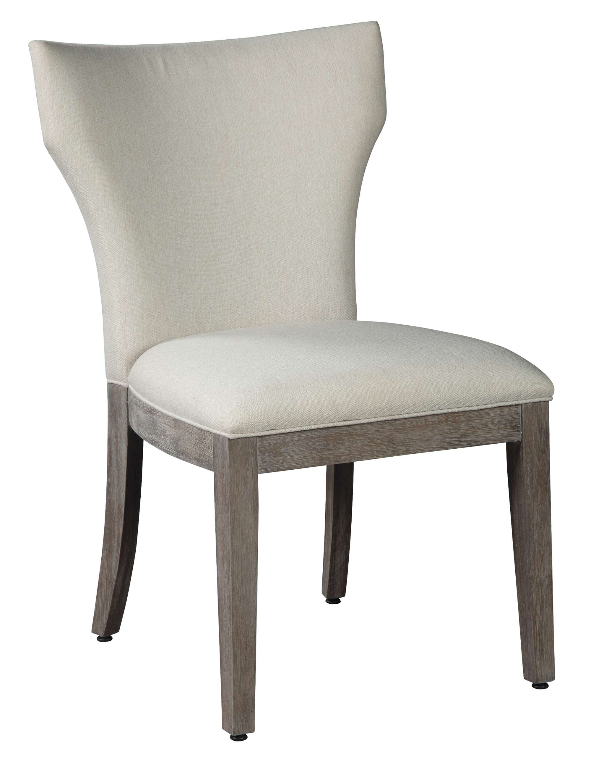 Sedona side chair with heavyweight linen upholstery, gracefully shaped back, and wood frame with aged oil-rubbed gray and white finish