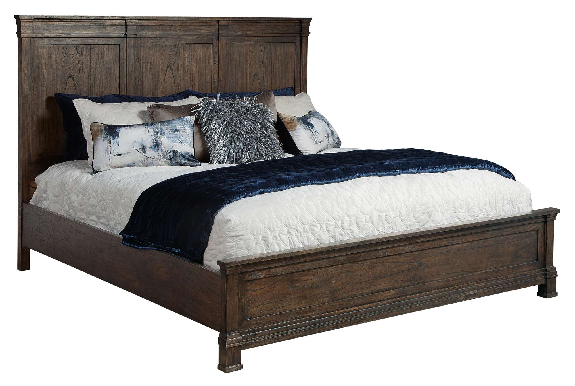 Linwood Queen Bed with three panel wood headboard, crown molding, low profile footboard, mindi solids and veneers in Linwood finish