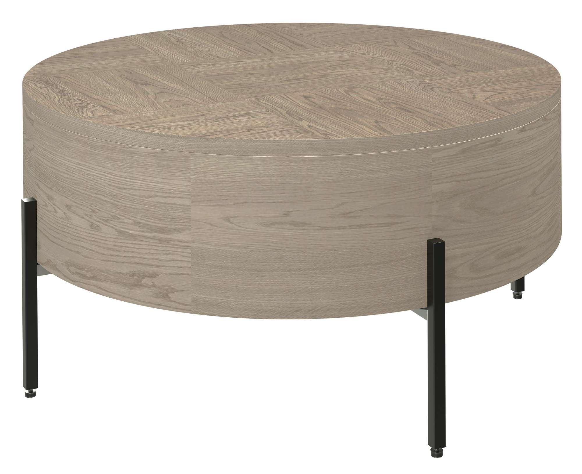 Mayfield Coffee Table with round parquet veneer top, 10-inch deep oak sides, and black metal leg supports