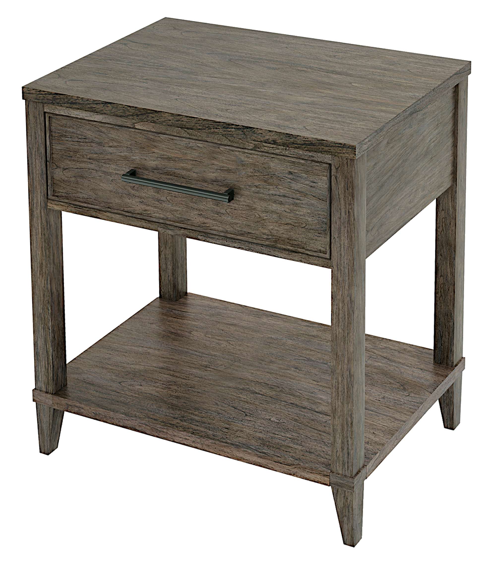 Arlington Heights nightstand with slab top, single drawer, soft-close slide, lower shelf, mindi wood, and dark antique brass handle
