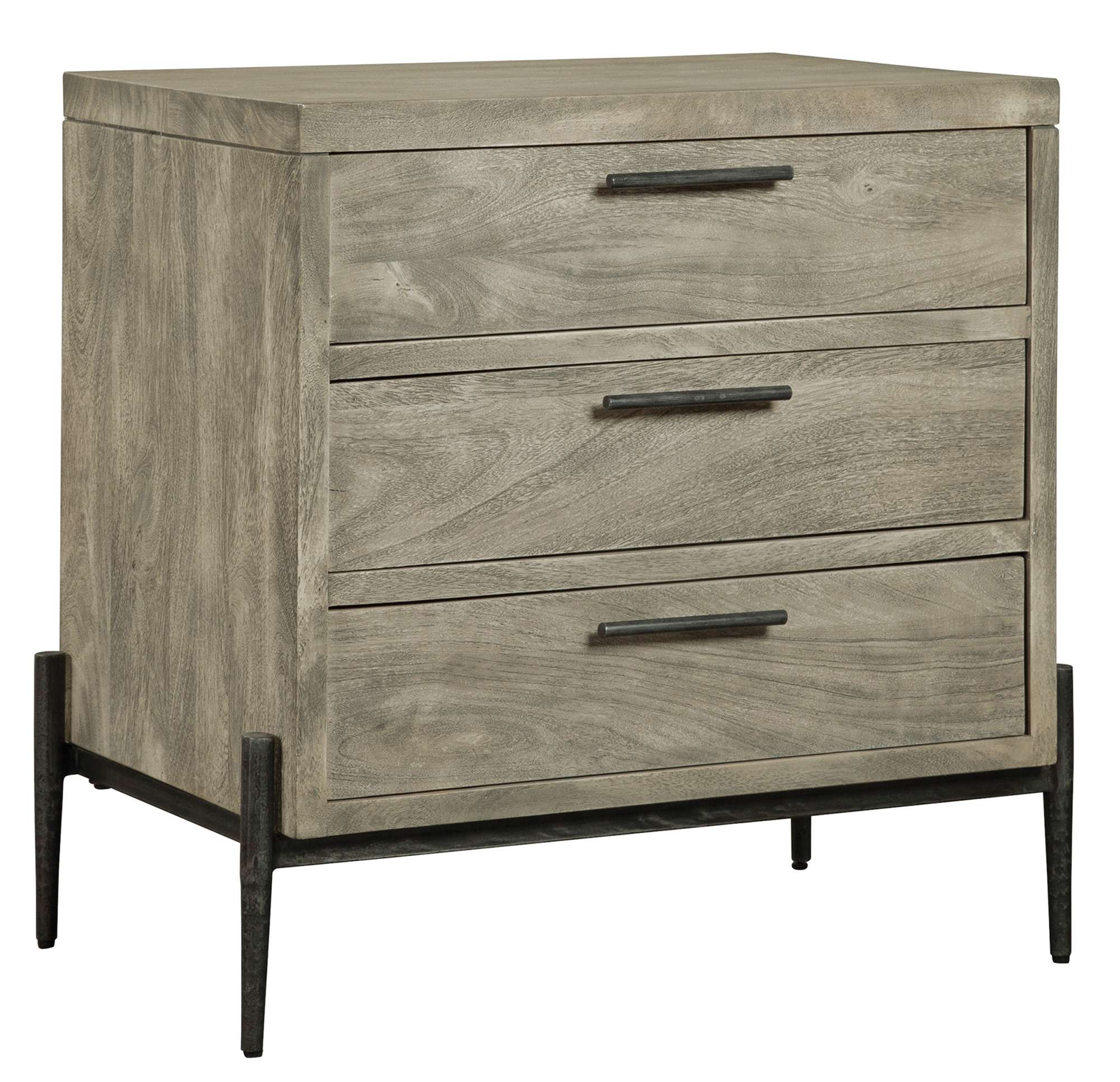 Bedford Park three drawer nightstand in gray finish with black metal base, hardware, and smooth drawer fronts