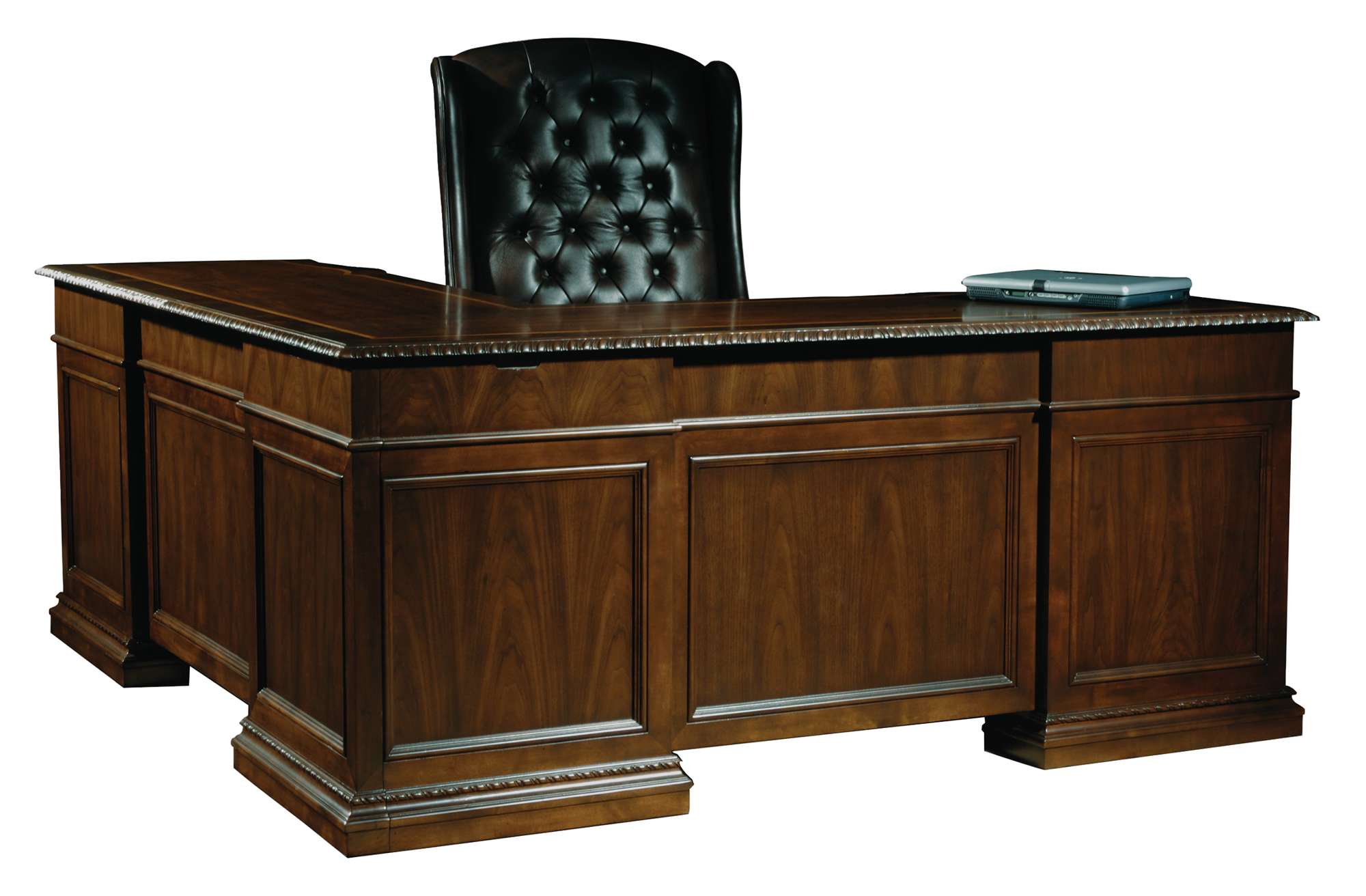 Old World Walnut Burl executive L-shape desk with solid walnut, burl veneers, drop front drawer, and classic molding trim