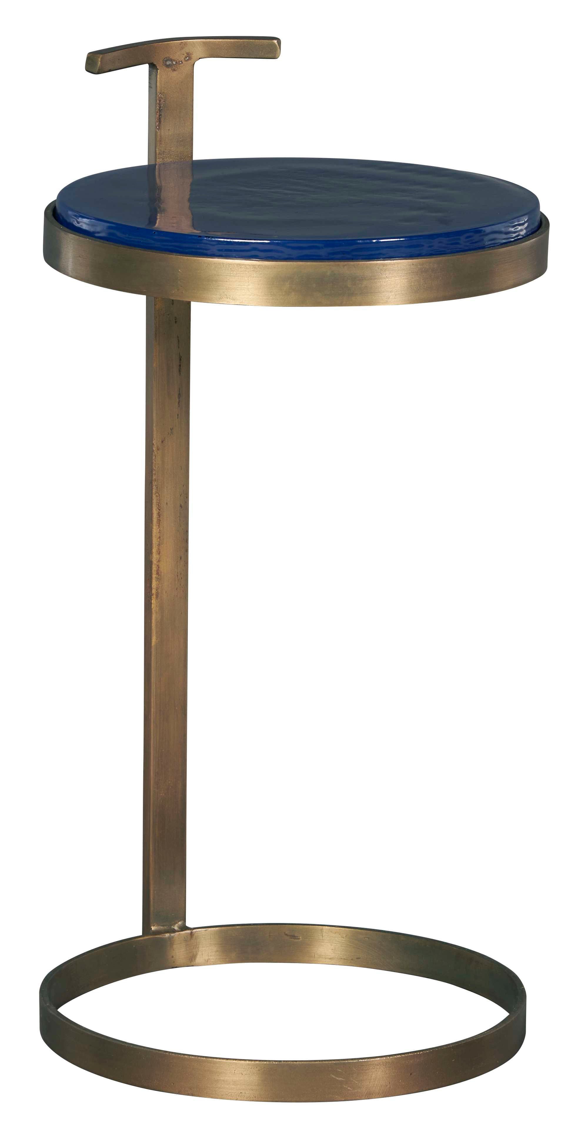 Round brass end table with blue hand-poured glass top insert and minimalist circular base design