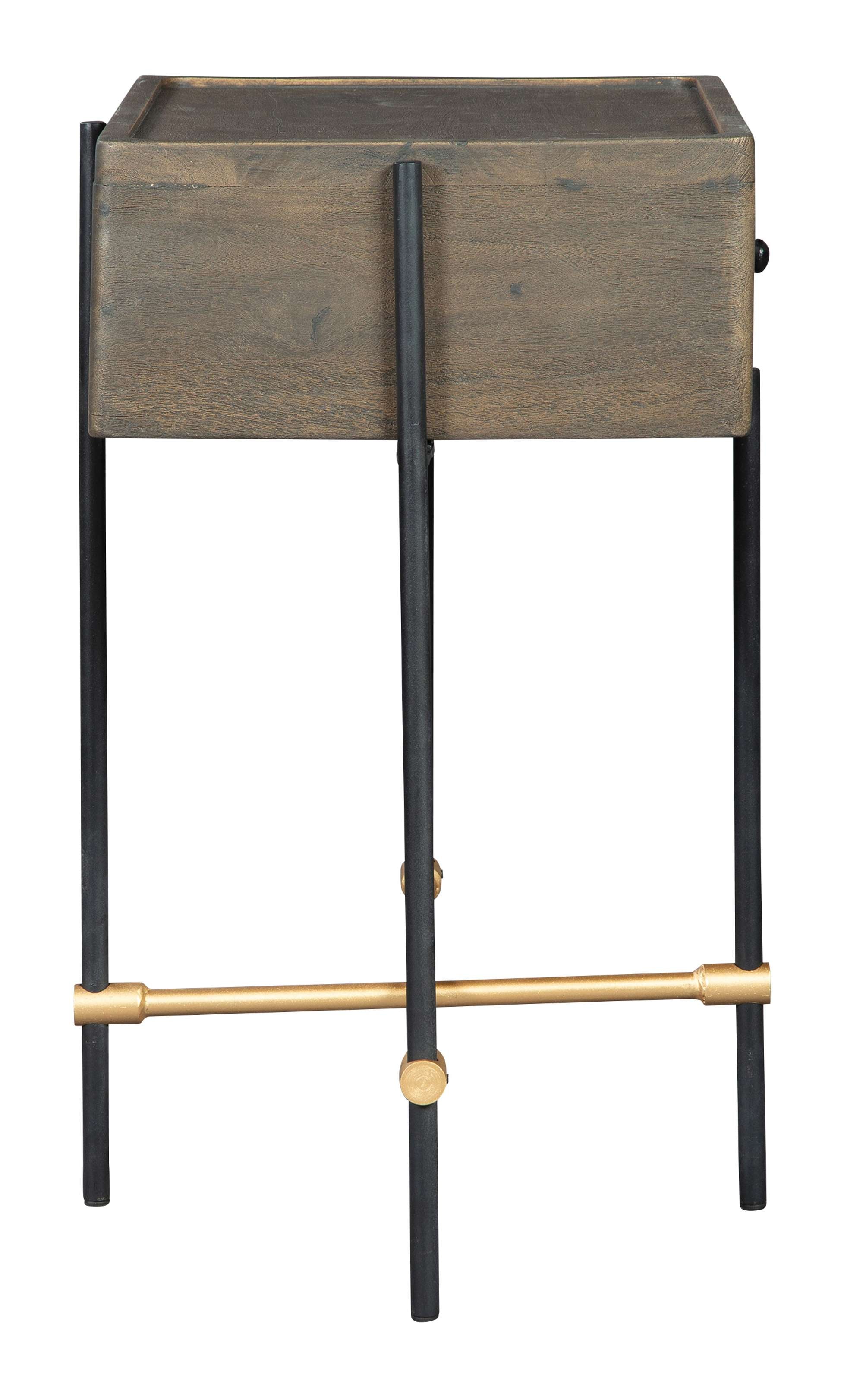 Chairside end table with solid acacia drawer box, wire brushed finish, round black iron legs, and gold-tone crossbar detail