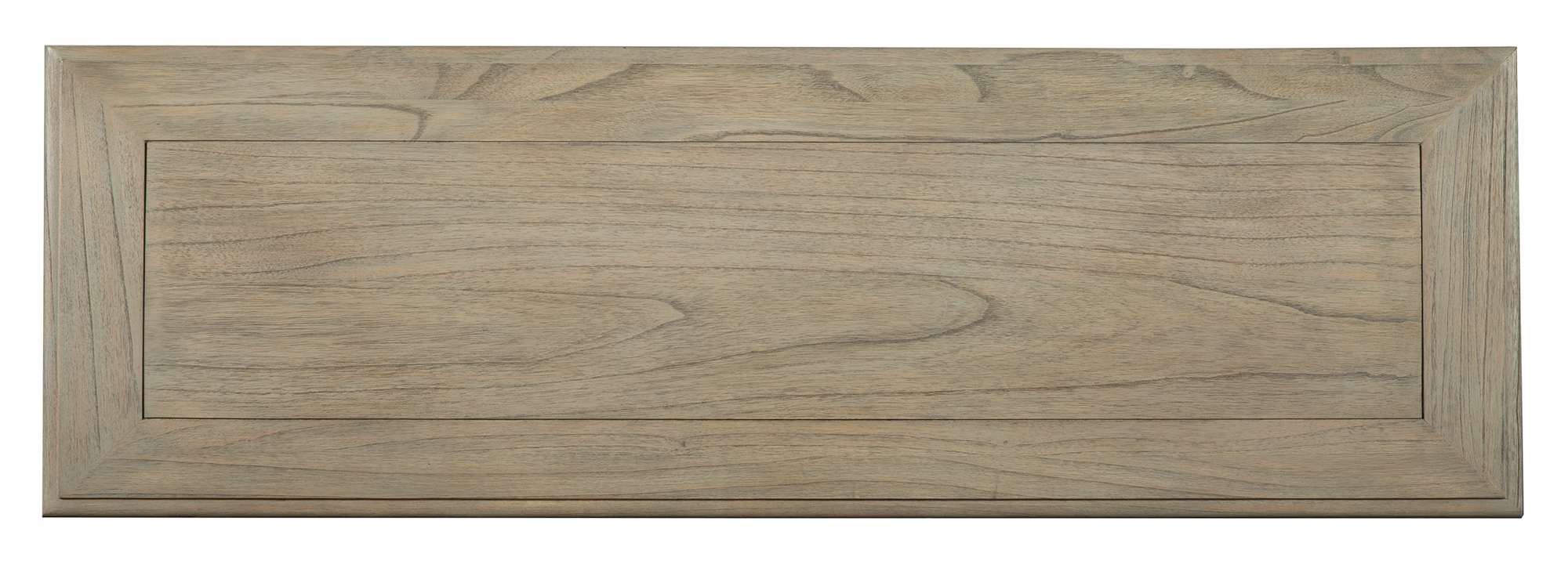 Wellington Estates sofa table drawer front with mindi veneer and rustic antique brass hardware in driftwood finish