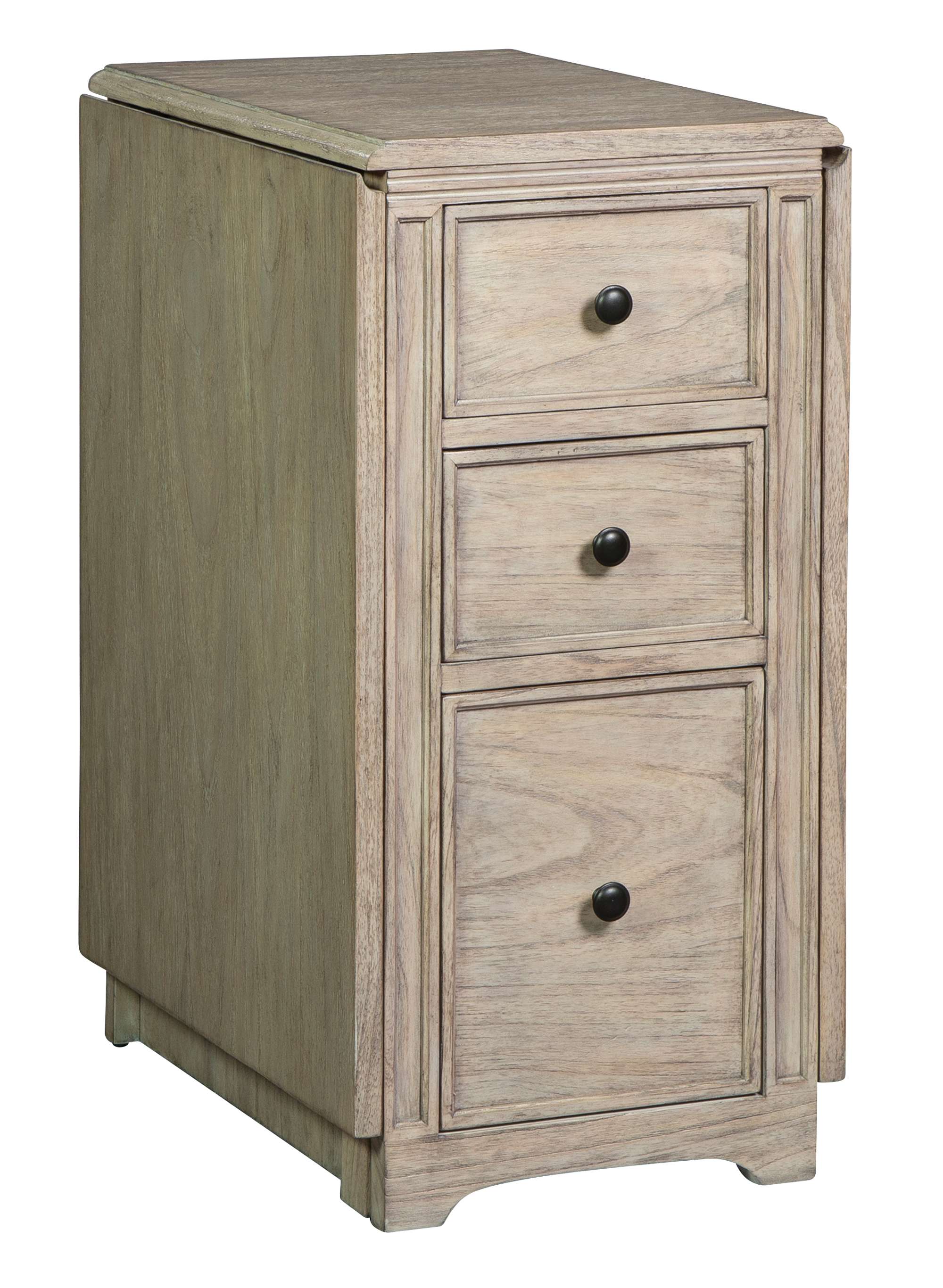 Side view of drop leaf desk with three drawers in natural wood finish and black round knobs