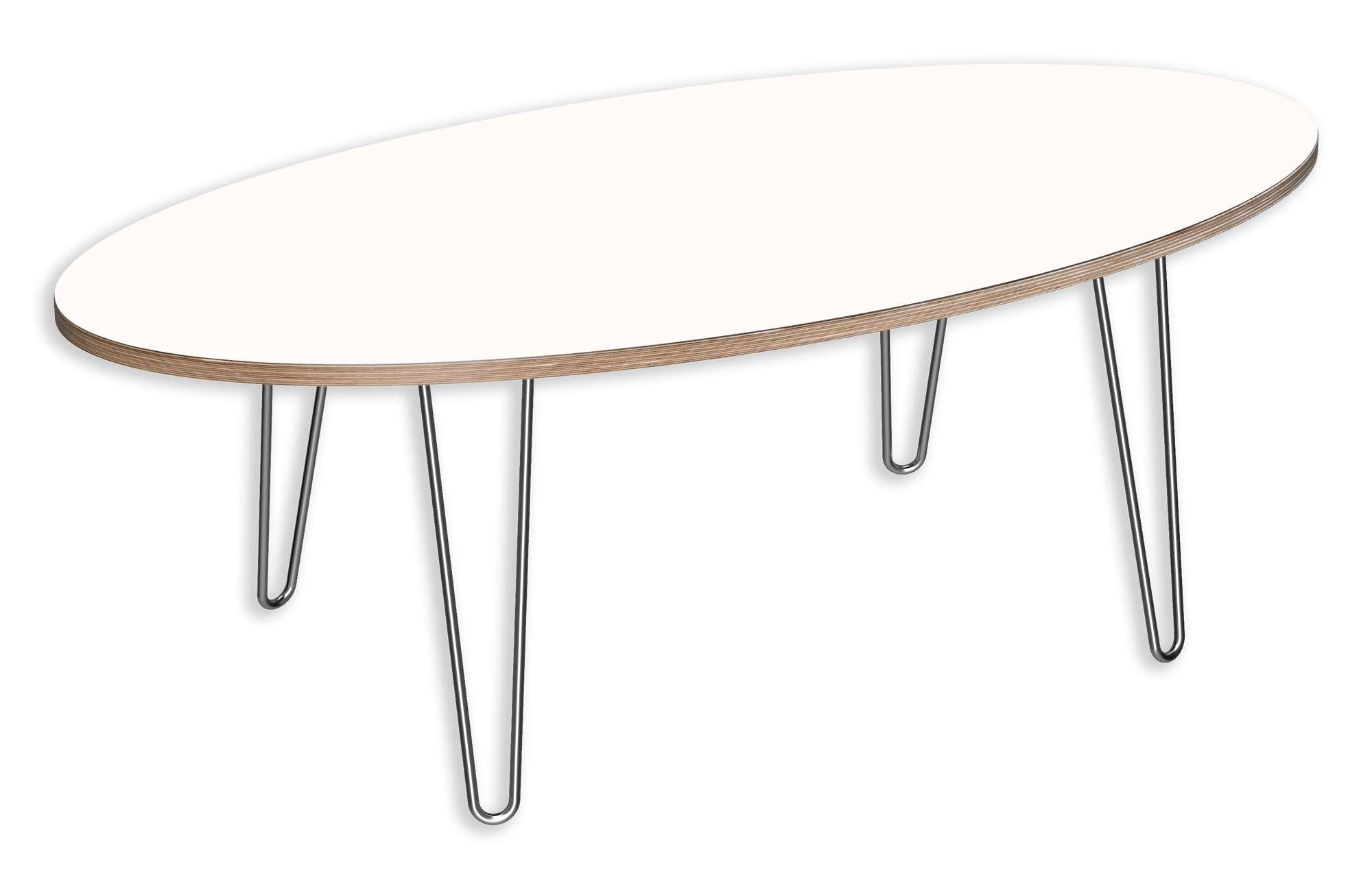 DesignerPly Oval Coffee Table with white oval top, multi-ply grain edges, and sleek black hairpin legs in modern style