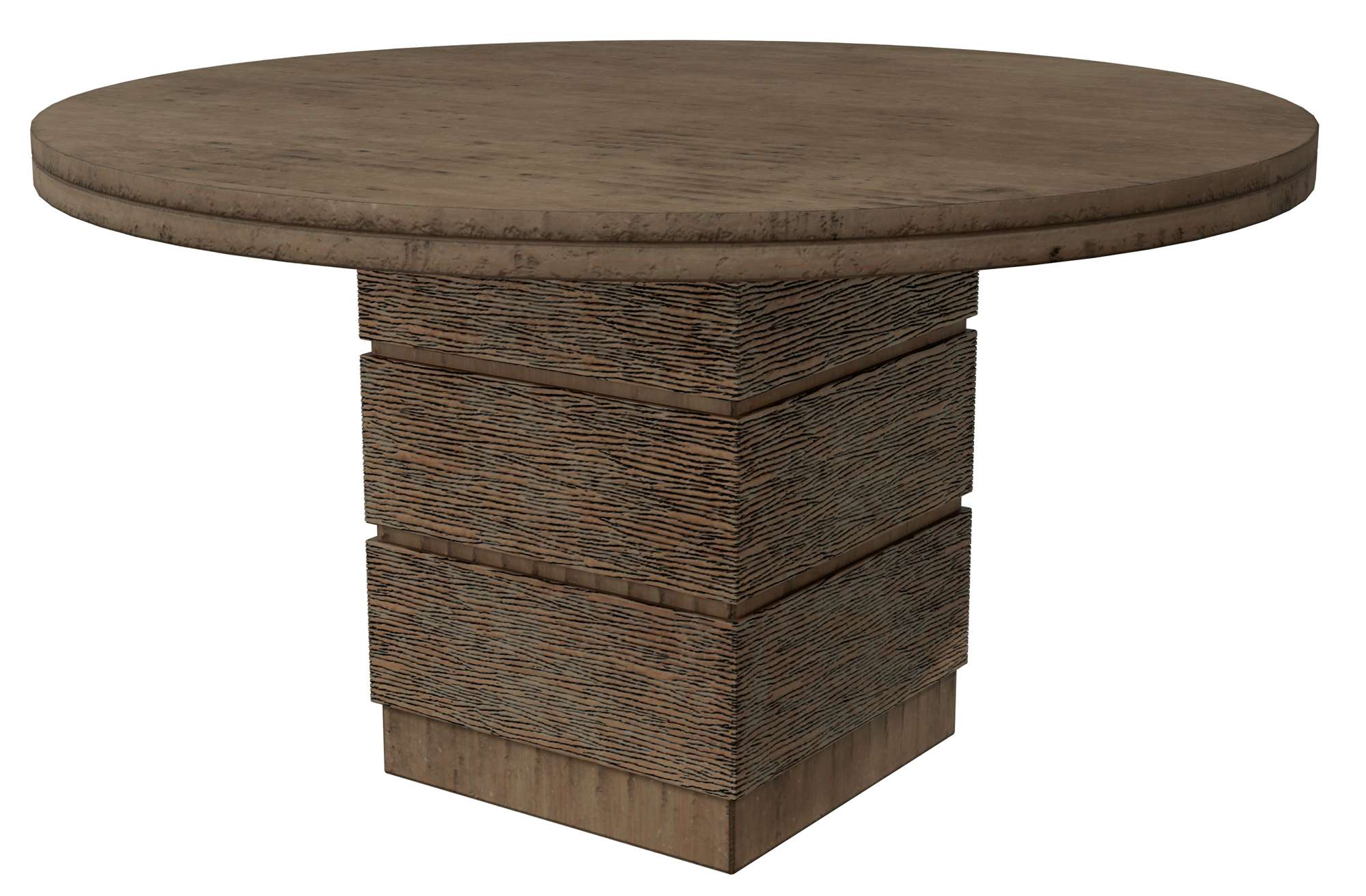 Round pedestal dining table with textured layered base and smooth wood finish in rustic natural tone