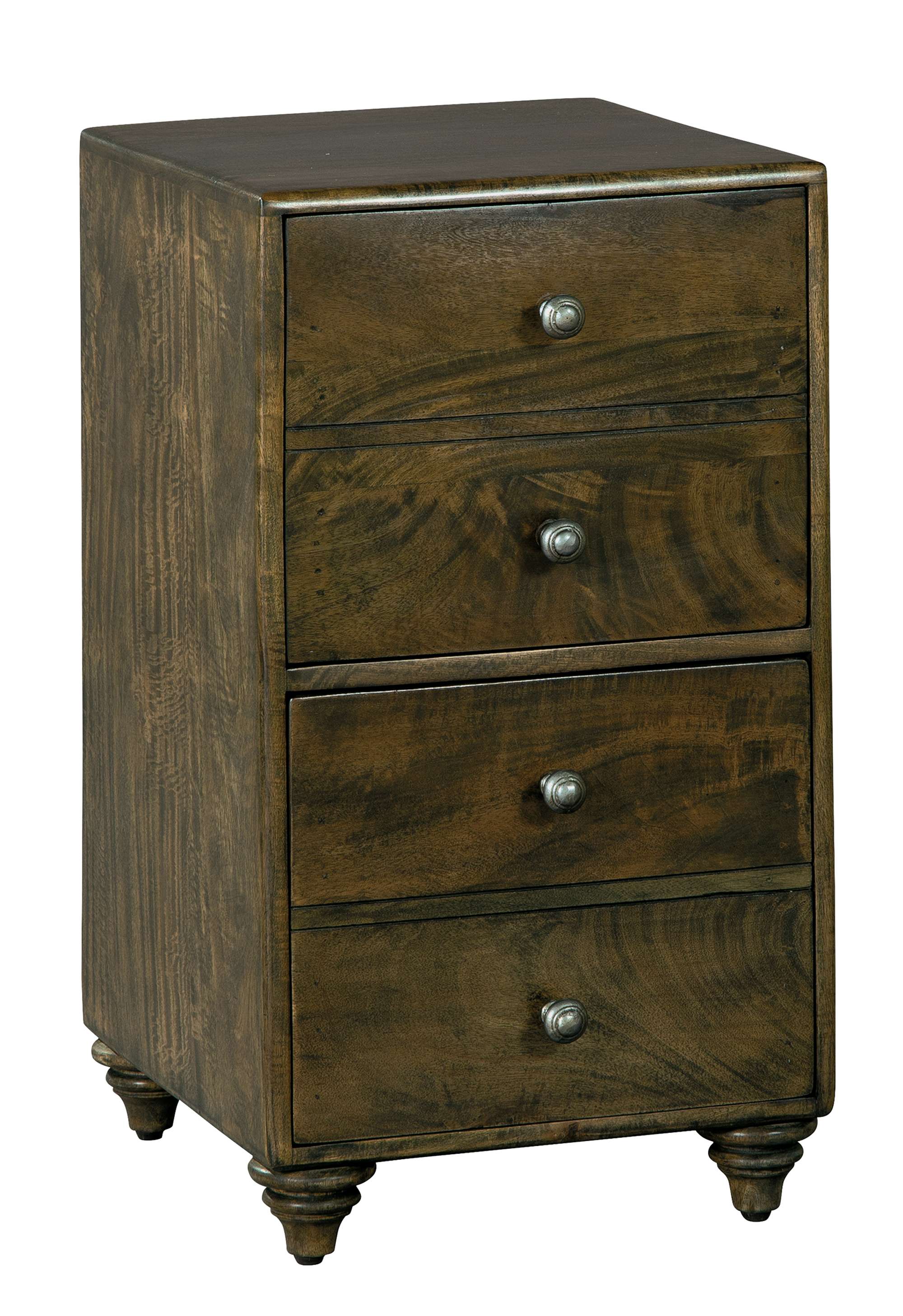 File cabinet in acacia solids with faux 4-drawer front, two working drawers, antique pewter hardware, Cambridge finish