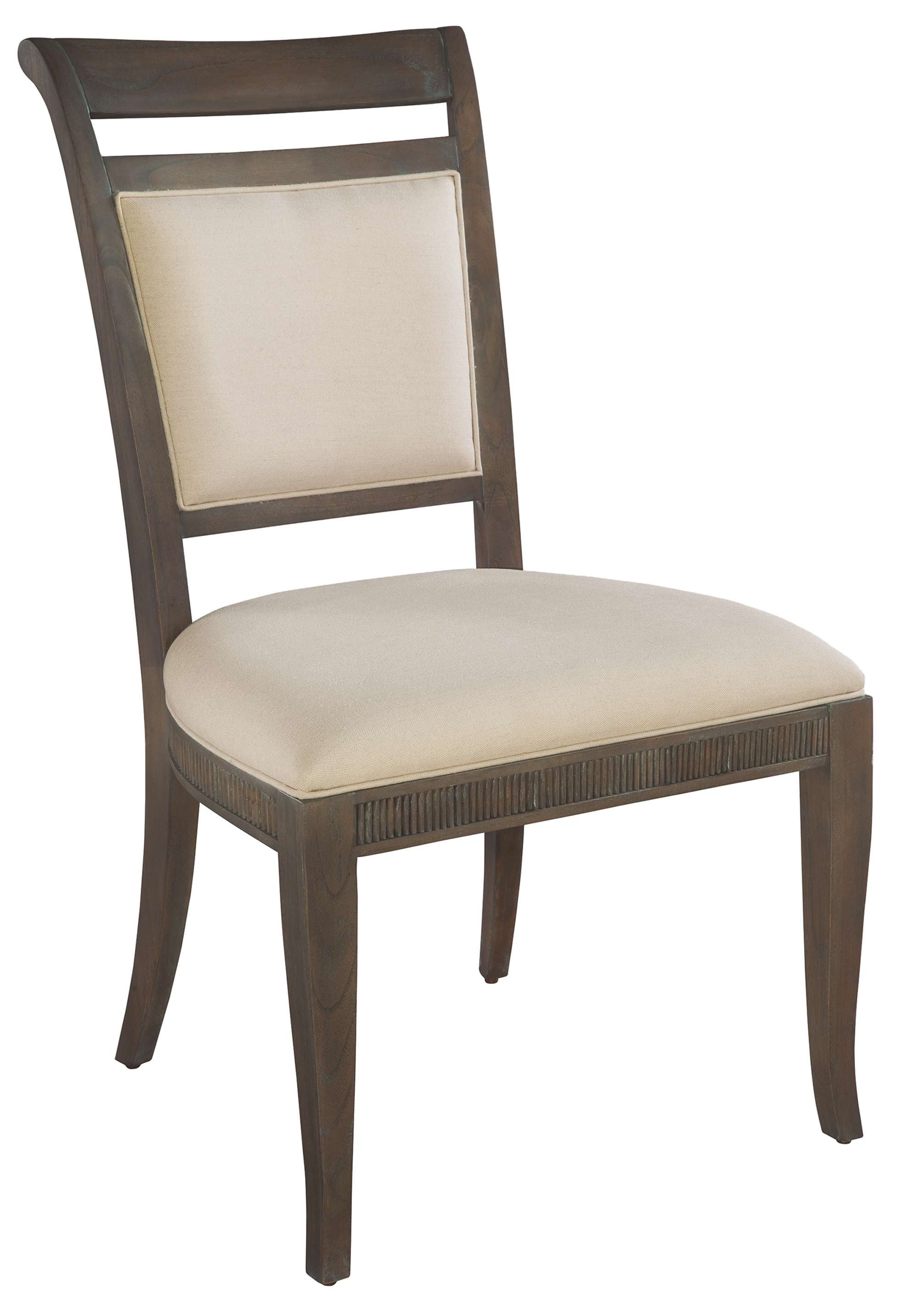 Urban Retreat upholstered dining side chair with reeded seat rails, solid wood frame, and beige linen cushion in Sumatra finish