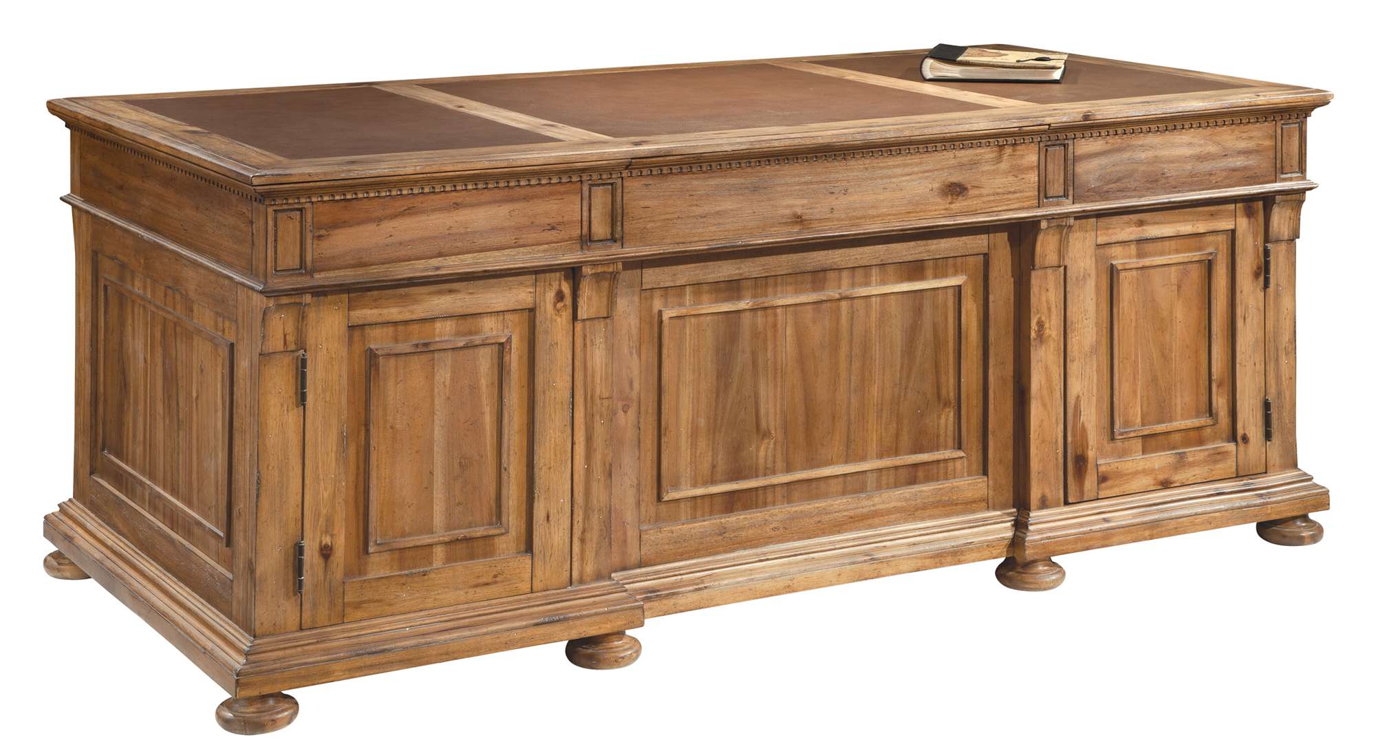 Wellington Hall office executive desk with acacia veneers and solids, three leather top panels, and paneled doors