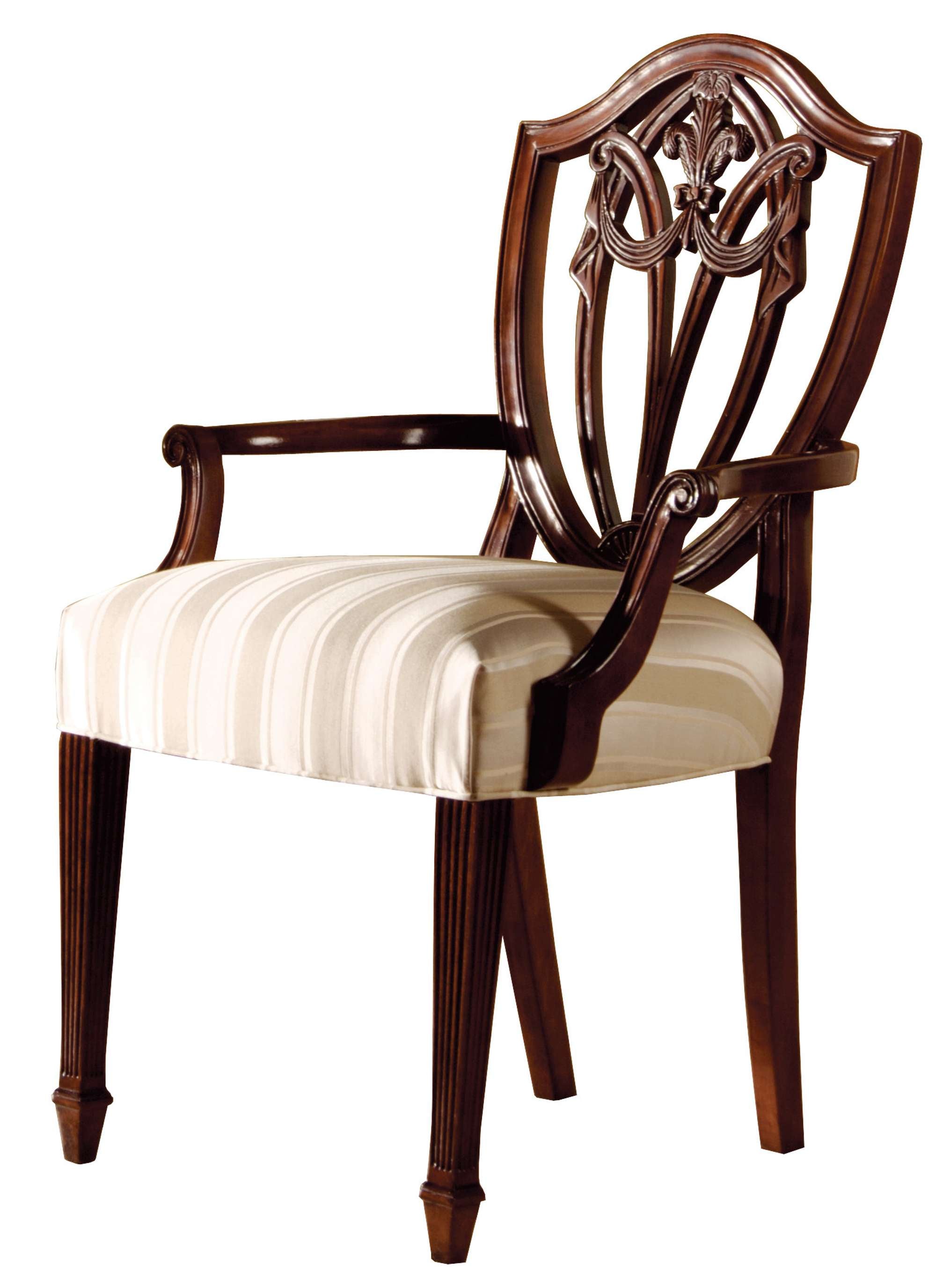 Mahogany solid arm chair with carved shield back and white striped upholstered seat in Copley Place finish