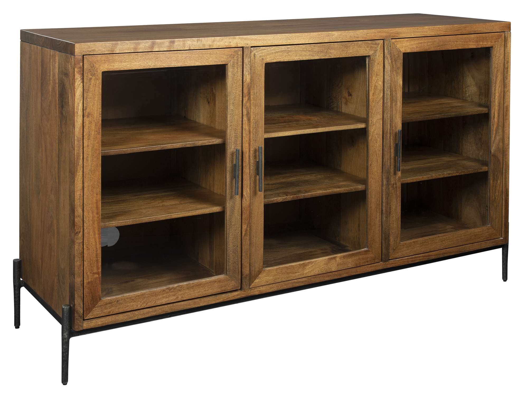 Bedford Park entertainment console with three beveled glass doors, adjustable shelves, mango solid wood, and metal legs